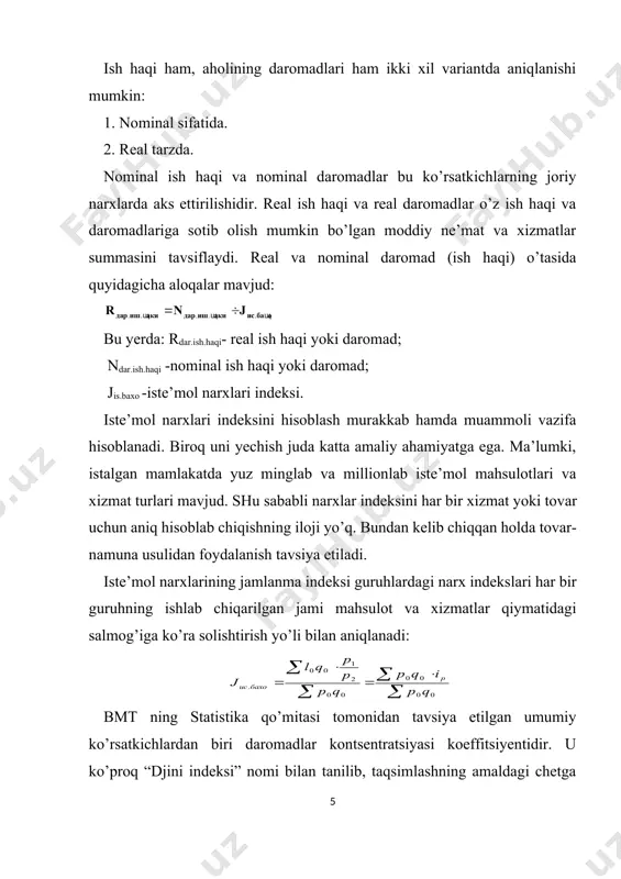materiali, shiftning balandligi, maishiy-kommunal qulayliklar (elektr toki, gaz, suv, vannaxona, telefon va hokazo) bilan ta’minlanganlik darajasiga asosan guruhlashdan foydalaniladi. xususiy uy-joy uchun unga tegishli bo’lgan yer maydoni ko’rsatiladi. aholining uy-joy bilan ta’minlanganligini umumlashtirib, tavsiflash uchun belgilangan standart talablariga javob bermaydigan uy-joylarda yashovchilar soni va ularning aholi umumiy sonidagi salmog’i hamda har bir uy uchun to’g’ri keluvchi xonalar soni ko’rsatkichlari ham qo’llaniladi. farb mamlakatlarining uy-joy bilan ta’minlash standartida bu holda har bir yashovchiga bitta xona va yana qo’shimcha ravishda umumiy xona to’g’ri kelishi ko’zda tutilgan. aholining uzoq muddat xizmat qiluvchi turli jihozlar bilan ta’minlanishiga kelganda esa, xalqaro statistikada bunday jihozlarning har 100 ta oilaga yoki har 1000 kishiga to’g’ri kelishi hisobga olinadi. bu avtomobil, muzlatgich, sovutgich, televizor, telefon, kir yuvish mashinasi, changyutgich va hokazolarga tegishlidir. aholi oziq-ovqat va nooziq-ovqat mahsulotlarining eng zarur turlari iste’mol qilishini tavsiflash jami aholi, shuningdek turli ijtimoiy-kasbiy guruh a’zolarining go’sht, sut, baliq, tuxum, non va boshqa mahsulotlarni …