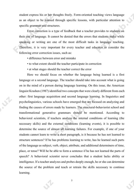 entified two concepts that were clearly different from each other: first language acquisition and second language learning. in linguistics and psycholinguistics, various schools have emerged that are focused on analyzing and finding the causes of errors made by learners. the structural-behaviorist school and transformational generative grammars should be mentioned. according to behavioral scientists, if teachers analyze the internal conditions of learning (the necessary skills) and the external conditions (learning events), it is possible to determine the source of almost all learning failures. for example, if one of your students cannot learn to write a short paragraph, is it because he has not learned to structure sentences? if he has problems learning to write, has he learned such parts of the language as subject, verb, object, attribute, and additional determiners of time, place, or tense? will he be able to form a sentence if he has not learned the parts of …