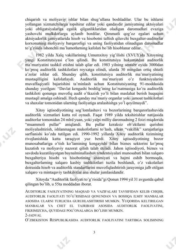 igan va o’zining shaxsiy hamda kasbiy layoqatliligini tegishli imtihonni topshirish yo’li bilan tasdiqlagan shaxs tushuniladi. auditorning kasbiy faoliyati mazmuni iqtisodiy sohada auditorlik tekshirishlarini amalga oshirishda, soliq masalalari boyicha maslahat xizmatlarini ko’rsatishda, ishlab chiqarishni boshqarish sohasida ekspert sifatida ishlashida o’z aksini topadi. “auditorlik faoliyati to’g’risida”gi qonunga muvofiq, majburiy tekshirilishi lozim bo’lgan kompaniyalarning yillik buxgalteriya hisobotini tekshirish bilan keng tarqalgan. bundan tashqari, majburiy tekshirish lozim bo’lmagan korxonalar ham o’zlarining tashabbuslari bilan yoki uchinchi shaxslarga (masalan, kreditorlarga) hisobot taqdim etish zaruriyati paydo bo’lganda, auditorlarni o’zlarining yillik balanslarini tekshirish uchun jalb etishlari mumkin. korxonaning hisoboti va ish yozuvlari bilan tanishish yordamida, shuningdek, tekshirishning maxsus uslublarini qo’llash natijasida, auditor, moliyaviy hisobot ham shakl nuqtai nazaridan, ham mazmunan qonun talablariga to’liq mos kelishiga va tasdiqlanishi mumkinligiga ishonch hosil qilishi lozim. 1867 yilda “auditorlik faoliyati to’g’risida”gi qonun frantsiyada ham qabul qilindi. mazkur qonunda “hisoblar boyicha komissarlar” nomli maxsus taftishchilar tomonidan aktsiyadorlik jamiyatlari balanslari majburiy tekshirilishi va ularga …