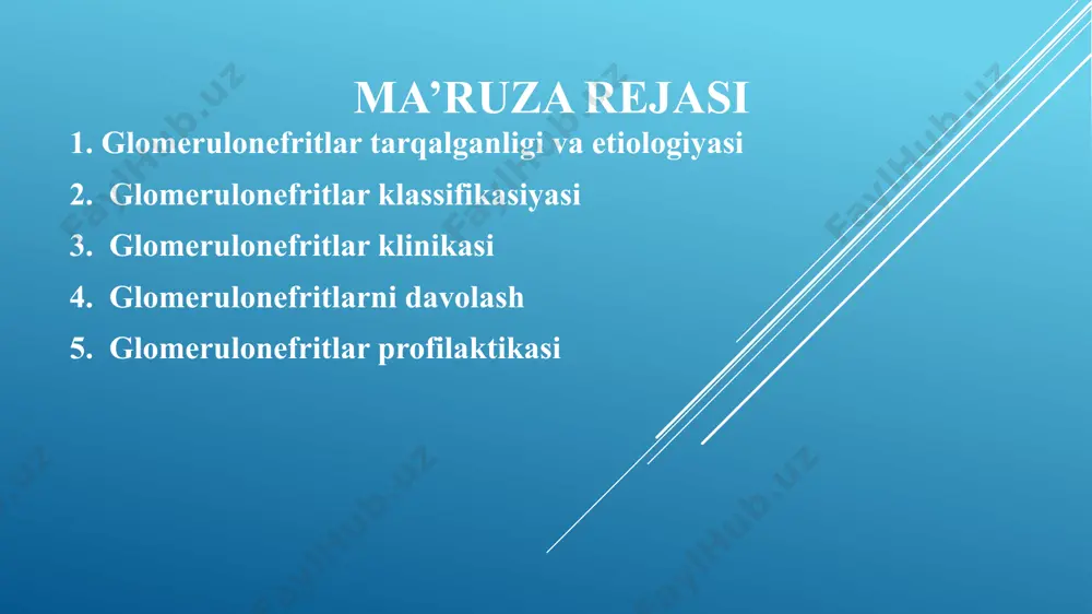 lamidlar) qabul qilishda keyin -oqsil moddalarini quyish, -ko‘p miqdorda asal iste'mol qilish, -emlash, -hashoratlar, ilonlar chaqishi va hakazo. autoimmun omil: qolgan 39% holatlar glomerulonefritning kelib chiqishini autoimmun kasallik sifatida qarashimizga undaydi. 1% hollarda o‘tkir glomerulonefrit rivojlanishini sovqotish bilan bog‘lashadi. glomerulonefrit klassifikatsiyasi ● bolalarda glomerulonefritning – birlamchi (buyraklarning to‘g‘ridan to‘g‘ri zararlanishi) va ikkilamchi (boshqa patologiyalar asorati sifatida), hamda sababi noaniq, immun tizimiga bog‘liq (immun komplekslar va antitelolar) va immun tizimiga bog‘liq bo‘lmagan shakllari farqlanadi. ● buyraklarning zararlangan qismiga asoslanib – o‘choqli va diffuz (tarqoq) ko‘rinishlari bor. ● patologik jarayonning kechish joyiga ko‘ra – interkapilyar (koptokcha kapilyarlarida) va ekstrakapilyar (koptokcha kapsulasi bo‘shlig‘ida) turlarga bo‘linadi. ● yallig‘lanish xarakteriga ko‘ra – ekssudativ, proliferativ va aralash ko‘rinishlarda bo‘lishi mumkin. ● kasallik kechishi bo‘yicha – o‘tkir, o‘tkir osti va surunkali ko‘rinishda kechadi. ● yallig‘lanish jarayoniga qarab: 1. boshlang‘ich davri 2. qaytish davri 3. surunkali glomerulonefritga o‘tish davri. ● kechishiga qarab:1. qo‘zg’alish 2. noto‘liq remissiya 3. to‘liq …