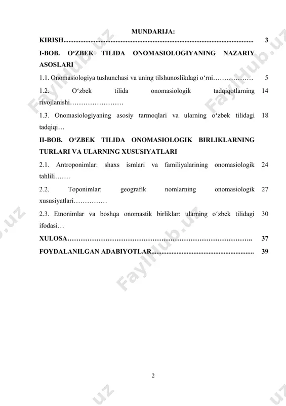 ujassamlashtirgan. oʻzbek tilshunosligida onomasiologik tadqiqotlar xix asr oxiri va xx asr boshlaridan boshlab asta-sekin rivojlanib borgan. ayniqsa, mustaqillik yillarida milliy qadriyatlar va tarixiy merosga bo‘lgan qiziqishning ortishi natijasida onomastik birliklarning ilmiy tadqiqi va tizimlashtirilishiga bo‘lgan ehtiyoj kuchaydi. bugungi kunda oʻzbek onomasiologiyasi nafaqat tilshunoslik, balki tarixshunoslik, etnologiya, geografiya va madaniyatshunoslik kabi fanlar bilan uzviy bog‘liq holda o‘rganilmoqda. onomasiologik tadqiqotlar orqali tilning ichki taraqqiyot qonuniyatlarini, xalq tafakkurining tarixiy evolyutsiyasini va madaniy o‘ziga xosligini aniqlash imkoniyati yaratiladi. shuningdek, zamonaviy davrda toponimlar, antroponimlar va boshqa onomastik birliklarning rasmiy hujjatlar, maʼlumotlar bazalari va kommunikatsiya tizimlarida to‘g‘ri qo‘llanishini taʼminlash, ularning normativ-meʼyoriy asoslarini shakllantirish ham dolzarb masalalardan biridir. oʻzbek tilidagi onomastik birliklarni onomasiologik jihatdan o‘rganish orqali, til boyligining qaysi manbalardan oziqlanganini, qanday tarixiy va madaniy omillar taʼsirida shakllanganini ilmiy asosda aniqlash mumkin. kurs ishining maqsadi. oʻzbek tilining onomasiologiyasining nazariy asoslari va amaliy tadqiqot usullarini chuqur o‘rganish, o‘zbek tilidagi antroponimlar, toponimlar va boshqa onomastik birliklarning kelib chiqishi, semantik …