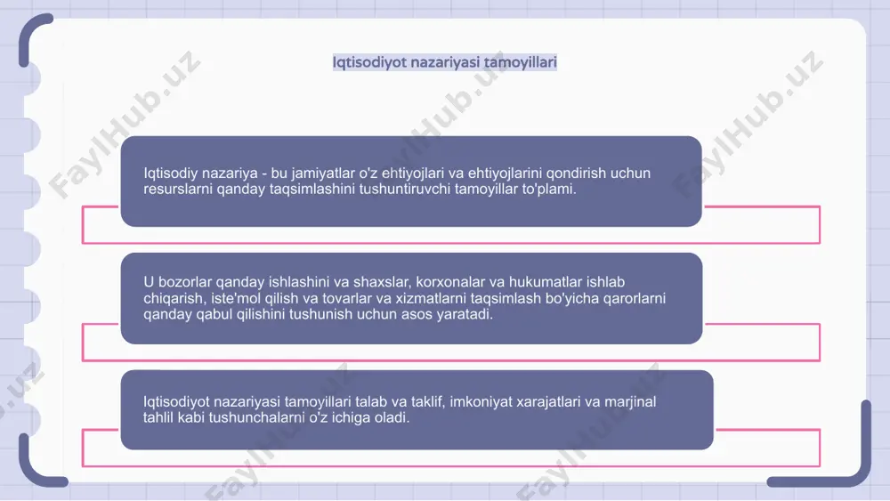 ar talab va taklif, imkoniyat xarajatlari va chegaraviy foydalilikni kamaytirish tamoyilini o'z ichiga oladi. talab va taklif iqtisodiy nazariyaning asosi bo'lib, xaridorlar va sotuvchilar o'rtasidagi o'zaro ta'sir tovarlar va xizmatlarning narxi va miqdorini qanday aniqlashini ko'rsatadi. iqtisodiy nazariya va biznes strategiyasi iqtisodiy nazariya - bu shaxslar, korxonalar va jamiyatlar resurslarni taqsimlash bo'yicha qanday qaror qabul qilishlarini o'rganadi. u talab va taklif o'rtasidagi o'zaro ta'sirlarni, shuningdek, iqtisodiy xatti-harakatlarga ta'sir qiluvchi omillarni tushunish uchun asos yaratadi. iqtisodiy nazariyani biznes strategiyasiga qo'llash orqali tashkilotlar narxlar, ishlab chiqarish va bozorga kirish bo'yicha asosli qarorlar qabul qilishlari mumkin. iqtisodiy nazariya va qarorlar qabul qilish iqtisodiy nazariya iqtisodiy hodisalarni tushunish va oqilona xulq-atvorga asoslangan qarorlar qabul qilish uchun asosdir. u o'z manfaatlarini ko'zlab harakat qiladigan va resurslarni samarali taqsimlaydigan bozorlar haqidagi taxminlarga tayanadi. iqtisodiy nazariya davlat siyosati, biznes strategiyalari va shaxsiy moliyaviy qarorlarni shakllantirishda hal qiluvchi rol o'ynaydi. iqtisodiyot nazariyasi va bozor tuzilmalari iqtisodiy nazariya iqtisodiy …