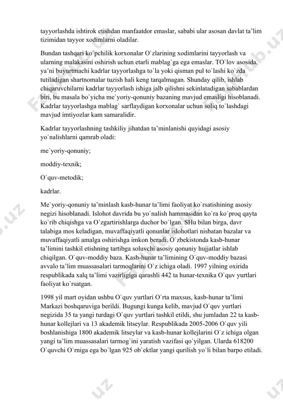 urtmachi kadrlar tayyorlashga to`la yoki qisman pul to`lashi ko`zda tutiladigan shartnomalar tuzish hali keng tarqalmagan. shunday qilib, ishlab chiqaruvchilarni kadrlar tayyorlash ishiga jalb qilishni sekinlatadigan sabablardan biri, bu masala bo`yicha me`yoriy-qonuniy bazaning mavjud emasligi hisoblanadi. kadrlar tayyorlashga mablag` sarflaydigan korxonalar uchun soliq to`lashdagi mavjud imtiyozlar kam samaralidir. kadrlar tayyorlashning tashkiliy jihatdan ta’minlanishi quyidagi asosiy yo`nalishlarni qamrab oladi: me`yoriy-qonuniy; moddiy-texnik; o`quv-metodik; kadrlar. me`yoriy-qonuniy ta’minlash kasb-hunar ta’limi faoliyat ko`rsatishining asosiy negizi hisoblanadi. islohot davrida bu yo`nalish hammasidan ko`ra ko`proq qayta ko`rib chiqishga va o`zgartirishlarga duchor bo`lgan. shu bilan birga, davr talabiga mos keladigan, muvaffaqiyatli qonunlar islohotlari nisbatan bazalar va muvaffaqiyatli amalga oshirishga imkon beradi. o`zbekistonda kasb-hunar ta’limini tashkil etishning tartibga soluvchi asosiy qonuniy hujjatlar ishlab chiqilgan. o`quv-moddiy baza. kasb-hunar ta’limining o`quv-moddiy bazasi avvalo ta’lim muassasalari tarmoqlarini o`z ichiga oladi. 1997 yilning oxirida respublikada xalq ta’limi vazirligiga qarashli 442 ta hunar-texnika o`quv yurtlari faoliyat ko`rsatgan. 1998 yil mart oyidan ushbu o`quv yurtlari o`rta …