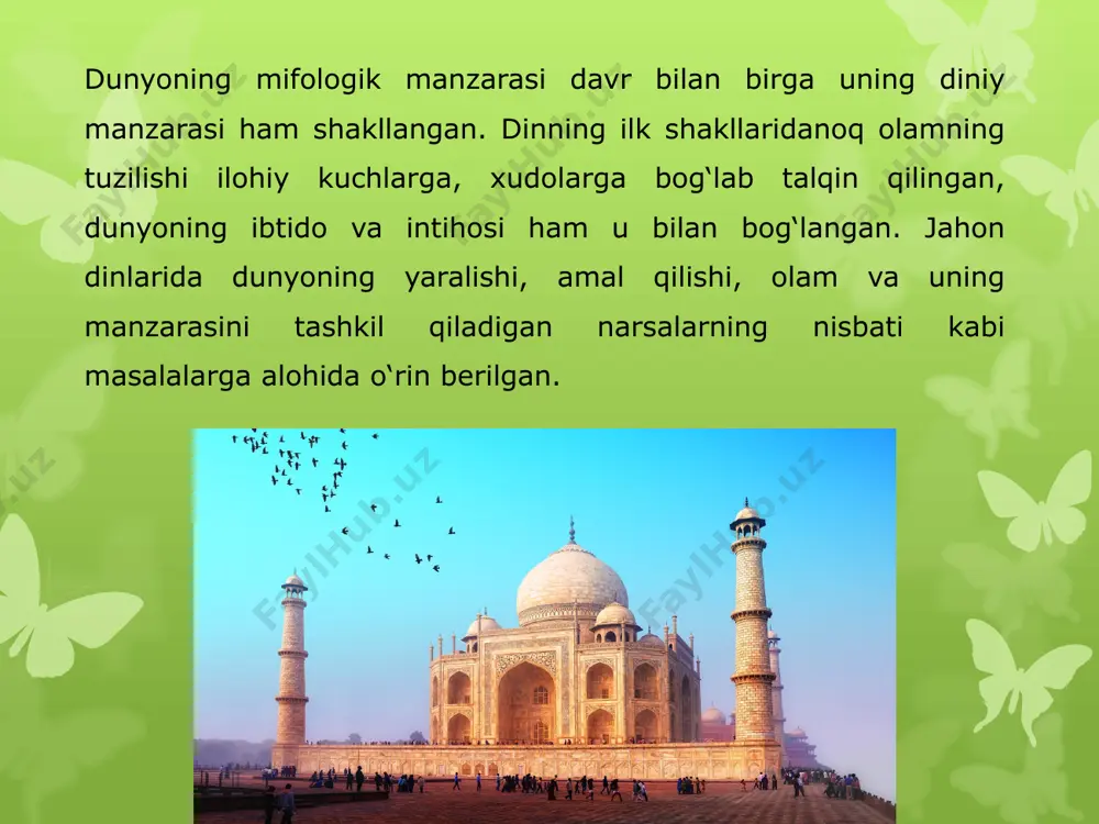 tlarni ifodalaydigan nazariy xulosalar, g‘oyalar, ilmiy asoslangan bilimlar, turlicha yondashuvlar, qarashlar va tasavvurlar majmuini anglatadigan tushunchadir. shu bilan birga, «dunyoning umumiy ilmiy manzarasi» va «dunyoning xususiy ilmiy manzarasi» kabi tushunchalar ham bor. barcha fanlarning yutuqlariga asoslangan va umumilmiy g‘oya, tushuncha hamda tamoyillarni umumlashtirgan «dunyoning ilmiy manzarasi» tushunchasi o‘zining genezisiga, rivojlanish bosqichlariga ega. birinchi bosqich «dunyoning klassik ilmiy manzarasi», ikkinchi bosqich “noklassik manzarasi”, uchinchisini esa «postnoklassik manzarasi» kabi nomlar bilan ataydilar. galiley va nyuton fizikasi erishgan yutuqlar asosidagi taraqqiyotning bir chiziqli, o‘tmishdan kelajakka tomon uzviy bog‘liqlikka amalga oshadigan harakat to‘g‘risidagi tasavvurlarga asoslangan bilimlar majmui tushuniladi. bunda o‘tmish o‘zidan keyingi davrni, u esa, o‘z navbatida, kelajakni to‘g‘ridan to‘g‘ri belgilab beradi. dunyoning bu taxlit tushuniladigan ilmiy manzarasida go‘yoki xamma narsa hisoblab topilgan, olamdagi cheksiz o‘zgarishlar ham, azaliylikdan iborat o‘tmish ham hattoki benihoya kelajak ham aniq hisoblab chiqilishi mumkin. image1.jpeg image2.jpeg image3.jpg image4.jpg /docprops/thumbnail.jpeg