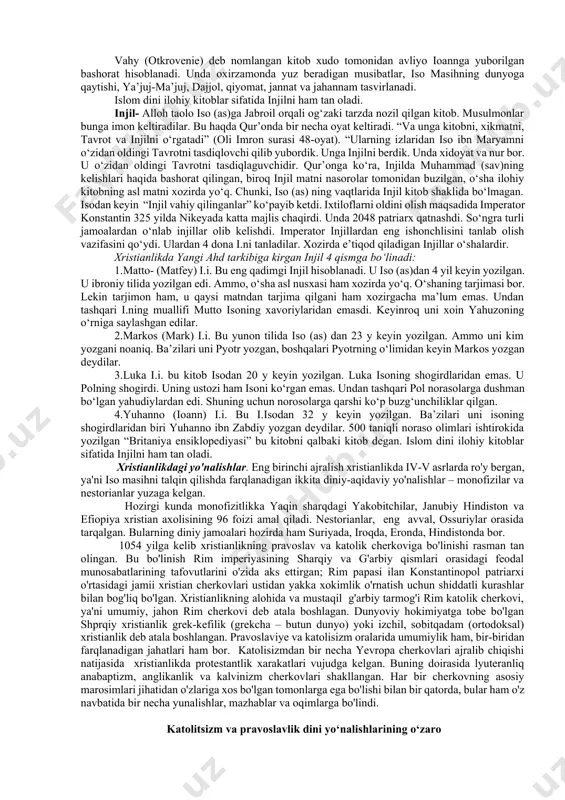 u dunyodagi hayot oxiratdagi mangulikka nisbatan hech narsaga arzimaydi, deb uqtiradi. xristianlikda iymon kaliamsi «yagona, muqaddas sobo va opostol cherkovi»ga ishonishni, cho'qintirish zarurligini tan olishni, qiyomatda o'liklarning tirilishiga, shundan so'ng savob egalariga mangu rohat-farog'at ko'rish, gunohkorlarga doimiy azob-uqubat tortish davri kelishiga ishonishni buyuradi. diniy g'oyalar tarkib topishi bilan bir qatorda xristian ibodat marosimlari ham shakllanib borgan. xristian marosimchilining eng muhim elementlari sirli ibodat (tainstvo) deb yuritiladi. bular qatoriga cho'qintirish (suvga sho'ng'itib olish), miropomozaniye (cho'qintirilgan kimsaga xushbo'y qatron-miropa surtilgach, «muqaddas ruh»ning huzur-halovati unga o'tishi); yevxaristiya yoki prichisheniye (non va vinoni isoning tanasi va qoni deb tasavvur etgan holda iste'mol qilish), tavba qilish (dindorning ruhoniy vositasida xudodan kechirim so'rashi va o'z gunohlarini unga aytib berishi), nikoh, ruhoniylikka fotixa berish, soborlashtirish, ya'ni bemoni muqaddaslashtirilgan zaytun moyi – yelega bo'yash kabilar kiradi. xristianlikning bosh ibodati liturgiya (obednya, messa) bo'lib, u har xil afsungarliklar, mo'zika chalish, ashula aytish, «muqaddas» yozuvlarni o'qish, qad bukib ta'zim bajo …