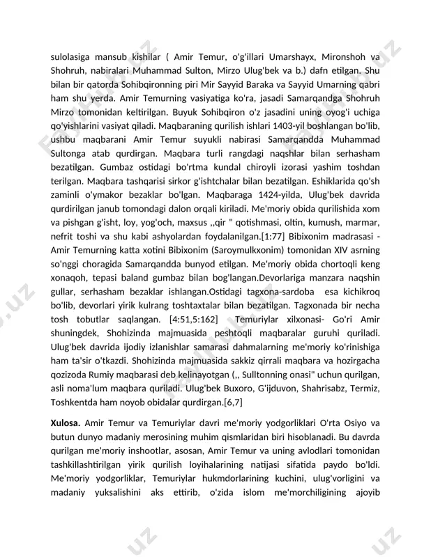 dirgan. masjid shahrisabzdagi shamsiddin kulol maqbarasining qarama-qarshisida joylashgan. masjidning tarhi chorsu shaklida bo'lib, yon devorlariga toqilar joylashtirilgan. uning o'ziga xos tomoni shundaki, ichki qismidagi 8 ta mayda ravoqchalar romb shaklidagi qalqonsimon bag'allar bolan o'zaro birlashtirilgan va ravoq shaklidagi 16 ta tayanchiqqa asoslangan. ko'k gumbaz masjidi 1970-yillarda amir temur tavalludining 660 yilligi munosabati bilan 1995-1996-yillarda qayta ta'mirlangan.[4:52] amir temur maqbarasi-(samarqand, xiv asr oxiri-1405-yil) temuriylar sulolasiga mansub kishilar ( amir temur, o'g'illari umarshayx, mironshoh va shohruh, nabiralari muhammad sulton, mirzo ulug'bek va b.) dafn etilgan. shu bilan bir qatorda sohibqironning piri mir sayyid baraka va sayyid umarning qabri ham shu yerda. amir temurning vasiyatiga ko'ra, jasadi samarqandga shohruh mirzo tomonidan keltirilgan. buyuk sohibqiron o'z jasadini uning oyog'i uchiga qo'yishlarini vasiyat qiladi. maqbaraning qurilish ishlari 1403-yil boshlangan bo'lib, ushbu maqbarani amir temur suyukli nabirasi samarqandda muhammad sultonga atab qurdirgan. maqbara turli rangdagi naqshlar bilan serhasham bezatilgan. gumbaz ostidagi bo'rtma kundal chiroyli izorasi yashim …