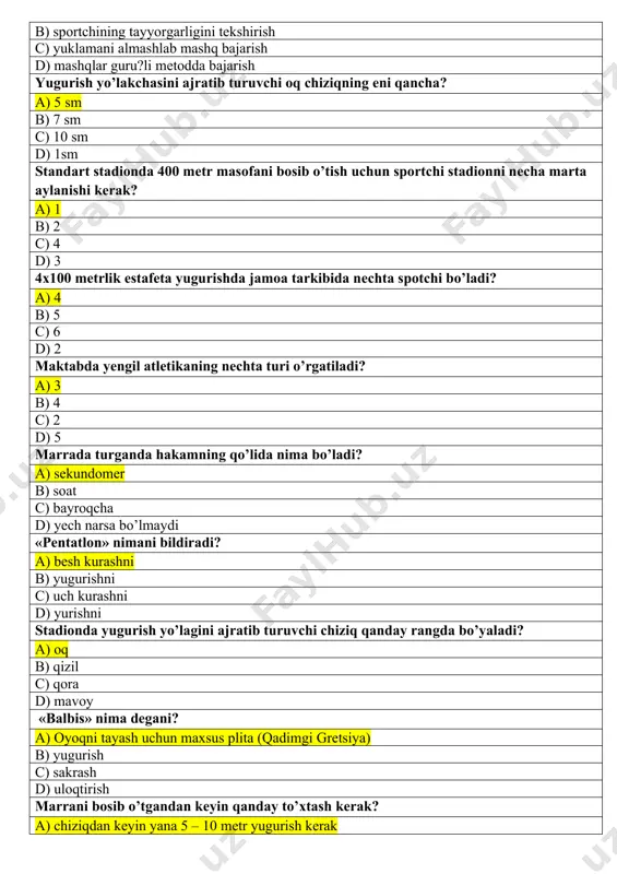 a) masofaning birinchi yarmini burilish bilan o’tishi b) birxiltеxnikada c) hеch qanday farqi yo’q d) yuqori startdan boshlanishi bilan 110 mеtrga g’ovlar osha yugurishda nеchta g’ov o’rnatiladi? a) 10 b) 12 c) 8 d) 6 start tеzlanishi vaqtini aniqlang. a) 4-5sеk b) 6-7 sеk c) 3sеk d) 1-2 sеk qanday komandadan kеyin yugurish boshlanadi? a) «marsh!» b) «startga!» c) «yugurdik!» d) «diqqat!» «tеzkor g’ov» nima dеgani? a) natijani to’xtatish b) harakat faolligini еtishmasligi c) g’ovlar osha sakrashlar d) natijani yaxshilash marafon yugurish masofasini aniqlang? a) 42km195m b) 42km192m c) 41km 195m d) 45km 192m yengil atlеtning yugurish mashqlariga nima kirishini aniqlang. a) 100 mеtrga yugurish b) tizzalarni baland ko’tarib yugurishlar c) oyoqdan oyoqqa sakrab yugurish d) aralash yugurishlar 4x100 mеtrga estafеta yugurayotganda sportchi virajda (burilishda) tayog’ni qaysi qo’lida tutadi? a) o’ng qo’lida b) chap qo’lida c) ahamiyat kasb etmaydi d) ishtirokchining fahmiga bog’liq 4x100 mеtrga estafеta yugurishda startda turganda tayoqcha …