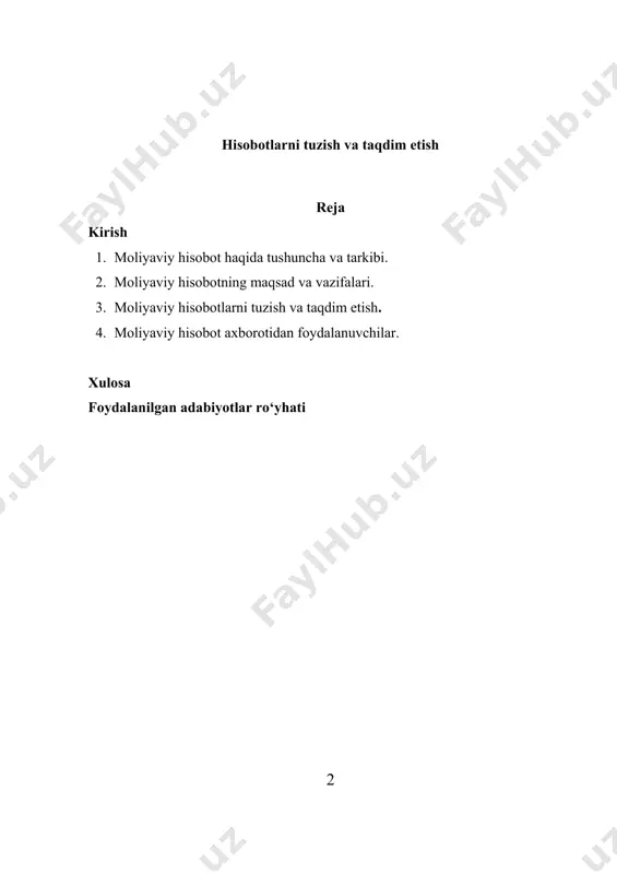 y hujjatlardir. buxgalteriya hisobining yakuniy mahsuloti sifatida moliyaviy hisobotlar turli manfaatdor tomonlarga (tashqi va ichki foydalanuvchilarga) zarur bo‘lgan axborotni taqdim etadi. quyida moliyaviy hisobotlarning ahamiyati, moliyaviy hisob tushunchasi va uning tarkibi, moliyaviy hisobotlarni tuzish hamda taqdim etish jarayoni va umuman moliyaviy hisobot haqida tushuncha ketma-ket yoritiladi. 1. moliyaviy hisobot haqida tushuncha va tarkibi xoʻjalik yurituvchi subyektlarda hisob jarayonining oxirgi bosqichi boʻlib hisobot hisoblanadi. hisobot-bu maʻlum davrdagi moliyaviy xoʻjalik faoliyati koʻrsatkichlarini pul birligida belgilangan shakl va mazmunda ifodalash usuli.[footnoteref:1] [1: k.b.urazov, m.e.poʻlatov.”buxgalteriya hisobi” darslik. 2020-yil.] moliyaviy hisobot - xo'jalik yurituvchi subyektlar tomonidan mahsulot (ish va xizmat) lar sotish natijalari to'g'risidagi ma’iumotlar majmuyi bo’lib, u subyektning moliyaviy xo'jalik faoliyatining holatini ma'lum davr (chorak, yillik) ga qiymat ko'rinishida aks etishidir. hisobot axborotlari sotilgan mahsulot (ish va xizmat) lar, ishlab chiqarish xarajatlari, xo‘jalik mablag’lari va ularning tashkil topish manbalari, ishlaming moliyaviy natijalari, soliqqa tortish hamda dividendlar to'g'risidagi ma’lumotlami o’z ichiga oladi. hisobot ma’lumotlari bo'yicha …