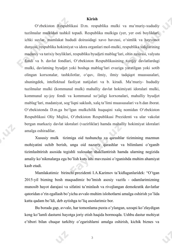 okratik davlatlar qatoridan o’rin egallash bo’yicha avvalo muhim islohotlarni amalga oshirish yo’lida katta qadam bo’ldi, deb aytishga to’liq asoslarimiz bor. bu borada gap, avvalo, har tomonlama puxta o’ylangan, uzoqni ko’zlaydigan keng ko’lamli dasturni hayotga joriy etish haqida bormoqda. ushbu dastur mohiyat e’tibori bilan chuqur tarkibiy o’zgarishlarni amalga oshirish, kichik biznes va xususiy tadbirkorlik manfaatlarini ishonchli himoya qilish, eng muhimi, konstitutsiyamizda ko’zda tutilganidek, xususiy mulkning qonuniy, me’yoriy- huquqiy va amaliy jihatdan ustuvor rolini ta’minlash, o’zbekiston iqtisodiyotida davlat ishtirokini bosqichma-bosqich kamaytirishga qaratilgani sizlarga yaxshi ma’lum, albatta”[footnoteref:1]. [1: o’zbekiston respublikasi prezidenti islom karimovning mamlakatimizni 2015-yilda ijtimoiy-iqtisodiy rivojlantirish yakunlari va 2016 yilga mo’ljallangan iqtisodiy dasturning eng muhim ustuvor yo’nalishlariga bag’ishlangan “bosh maqsadimiz - mavjud qiyinchiliklarga qaramasdan, olib borayotgan islohotlarni, iqtisodiyotimizda tarkibiy o’zgarishlarni izchil davom ettirish, xususiy mulkchilik, kichik biznes va tadbirkorlikka yanada keng yo’l ochib berish hisobidan oldinga yurishdir” vazirlar mahkamasining majlisidagi ma’ruzasi. - t.: “xalq so’zi” gazetasi, 2016 yil 16 yanvar] jamiyatdagi xilma-xil …