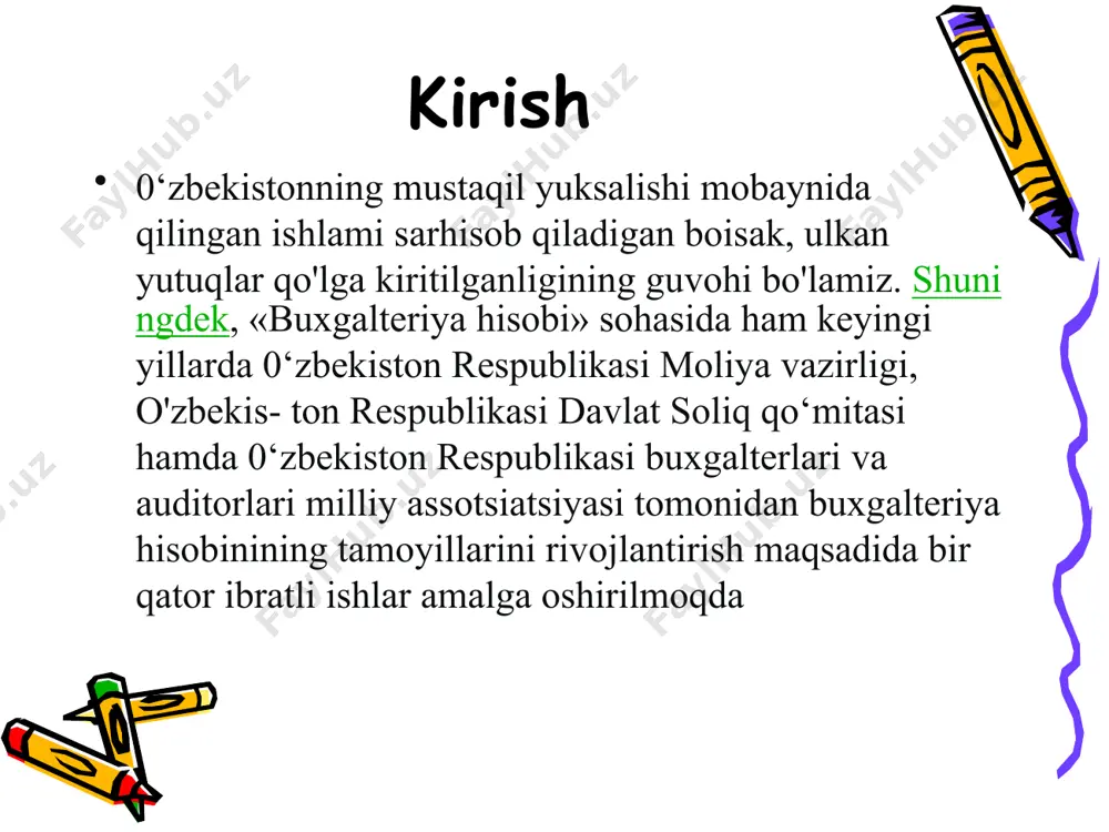 hakllari bir necha nusxada tayyorlanadi. barchasiga korxona rahbari va bosh buxgalter imzo chekadi hamda korxona muxri bilan tasdiqlaydi.o’zbekiston respublikasining «buxgalteriya hisobi to’q’risda»gi qonunning 7-moddasiga muvofiq buxgalteriya hisobotlarining tayyorlanishi ishonchliligi va o’z muddatida topshirilishi uchun javobgarlik tashkilotda buxgalteriya hisobini tashkil kiluvchi xo’jalik sub'ektining rahbari zimmasiga yuklatiladi. xo’jalik yurituvchi sub'ektlarning yillik buxgalteriya hisoboti mulkchilik shaklidan qat’iy nazar hisobot yilidan keyingi yilning 15-fevraligacha,choraklik hisobotlarni esa keyingi oyning 25-kunigacha to’zilib.quyidagi foydalanuvchilarga topshirilishi lozim (bxms-1). sub'ektning mulkdoriga (yuqori tashkilotga), ta'sis etish to’q’risidagi hujjatlar asosida; -davlat soliq nazorati idoralariga-sub'ektni ro’yxatdan o’tkazilgan joyida; - davlat statistika organlariga; - qonun hujjatlariga muvofiq boshqa organlarga xulosa soliq idoralari korxonalar buxgalteriya hisoboti ma'lumotlariga asosan xarajat, daromad va foyda ko’rsatkichlarining to’q’riligini,soliqlarning to’q’ri hisoblanganligi va ularning uz vaqtida to’liq byudjetga o’tkazilganligini tekshiradi. davlat statistika organlari esa hisobotdagi ma'lumotlar bo’yicha davlat buyurtmalarining bajarilishini, muxim ijtimoiy-iqtisodiy ko’rsatkichlar qanday holatda ekanligini nazorat qiladilar.ushbu xudud bo’yicha asosiy iqtisodiy ma'lumotlarni umumlashtiradilar. bu ma'lumotlar asosida xududning istikbolini belgilovchi …