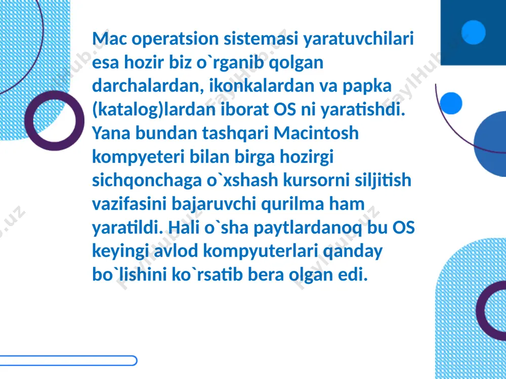 ir vazifali, koʼp vazifali; protsessorlarni qoʼllash soni boʼyicha: bir protsessorli, koʼpprotsessorli; ot razryadliligi boʼyicha: 8-razryadli, 16-razryadli, 32- razryadli, 64-razryadli; interfeysa tipi boʼyicha: buyruqli (matnli) va obʼektga yoʼnalganligi (grafik); exmga foydalanuvchining dostup tipi boʼyicha: paketni qayta ishlash, vaqtni taqsimlash, real vaqtdp bajarilishi; resurslarni ishlatish tipi boʼyicha: tizimli, lokal. image3.jpeg image1.png image4.png image5.png image6.png image7.png image8.jpeg image9.png image10.png image2.png