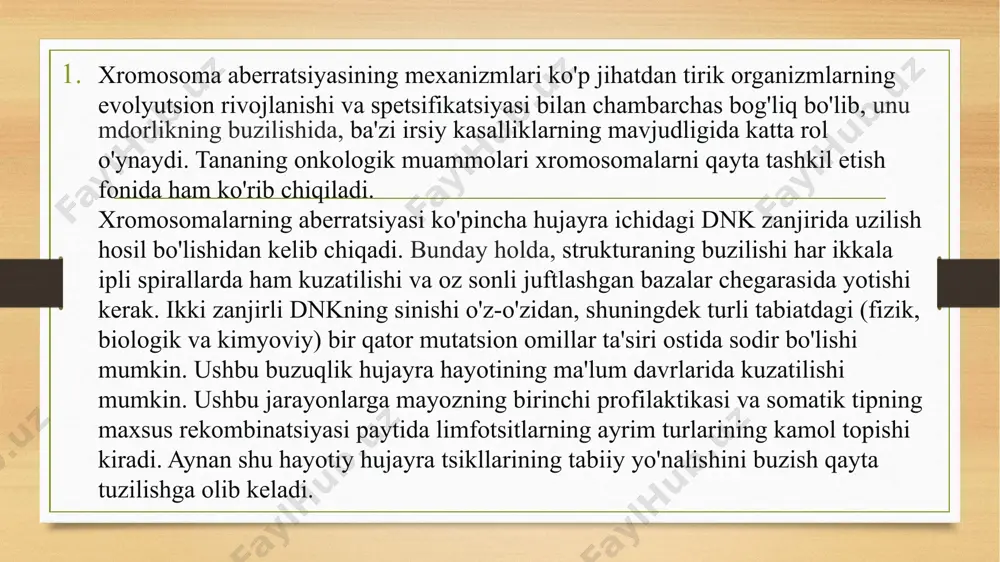 teskari bo'lakning sentromeraning ikkala tomonida joylashganligi bilan tavsiflanadi. paratsentrik tip bir tomonda teskari element paydo bo'lishi bilan tavsiflanadi. gametalarning qisman yo'q bo'lib ketishi va jinsiy hujayralarning nasldan naslga o'tadigan material bilan hosil bo'lishi, muvozanatsiz shaklda, gametogenez paytida heterozigotli organizmda inversiya teskari sohada sodir bo'lganda kuzatilishi mumkin. inversiya jarayoni. xromosomalar dnkning uzun zanjirlaridan tashkil topgan aniq tuzilmalardir. hujayrada 23 juftda 46 ta xromosoma mavjud. xromosoma minglab genlarni o'z ichiga oladi. gen - bu oqsilni sintez qilish uchun genetik kodga ega bo'lgan xromosoma yoki o'ziga xos dnk fragmentining o'ziga xos mintaqasi. u o'ziga xos dnk ketma -ketligiga ega. xromosomalar va genlar odamning genetik ma'lumotlarini hal qiladi. shuning uchun ularni aniq va aniq saqlash juda muhimdir. ammo ko'p sabablarga ko'ra xromosomalar va genlar mutatsiyaga uchrashi mumkin, bu esa har xil kasalliklarga olib kelishi mumkin. xromosoma aberatsiyasi - bu xromosoma soni va tuzilishining anormal holati bo'lib, asoratlarni keltirib chiqaradi. gen mutatsiyasi - bu genning …