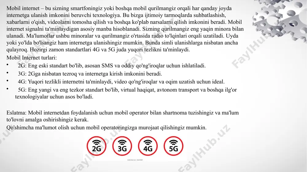 lari, avtonom transport vositalari va real vaqtdagi virtual voqelik kabi ilovalarni yaratish imkonini beradi. 6g bir vaqtning o‘zida juda ko‘p qurilmalarni ulashni ta’minlashi mumkin, bu esa buyuk internet (iot) va aqlli shaharlar uchun yangi imkoniyatlarni ochadi. 6g sezgili internet, golografik aloqa va neyron tarmoqlar kabi butunlay yangi ilovalarni yaratish imkonini beradi. ma’lumot uzatish tezligini oshirish uchun teragers to‘lqinlari kabi yuqoriroq chastotalar qo‘llaniladi. ko‘plab elementlarga ega bo‘lgan antennalar tor yo‘nalishli nurlarni shakllantirishi mumkin, bu es spektrdan foydalanish samaradorligini oshiradi va shuo‘lovlarni kamaytiradi. sun’iy intellekt tarmoqlar ishini optimallashtirish, trafikni boshqarish va xavfsizlikni ta’minlash uchun qo‘llaniladi. kvant kompyuterlar va kvant aloqa tarmoqlarning xavfsizligi va samaradorligini tubdan o‘zgartirishi mumkin. mobil internet hayotning ajralmas qismi boʻlib qoldi. u bizga har qanday joyda va har qanday vaqtda maʼlumotga kirish imkonini beradi. biroq, bu qulaylik bilan birga, baʼzi xavflar ham yuzaga keladi. viruslar, troyanlar va boshqa zararli dasturlar qurilmangizni yuqtirib, shaxsiy maʼlumotlaringizga kirish imkonini beradi, internetdagi faoliyatingizni …