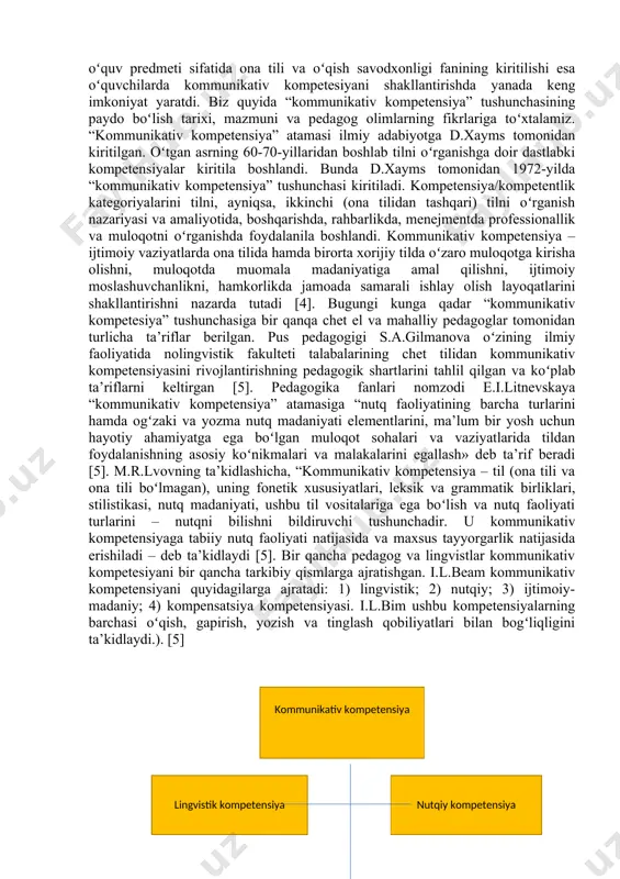 aviy yetuk, oʻtkir zehn egalari qilib tarbiyalash juda muhim. koʻzlangan maqsadga erishish uchun milliy oʻzligimiz timsoli, ma’naviyatimiz asosi boʻlgan ona tilimizga boʻlgan e’tiborni yanada kuchaytirish, uni rivojlantirish, boyitish uchun aniq vazifalarni belgilab olish olish lozim. yuqoridagi fikrlardan anglashimiz mumkinki, til ta’limiga boʻlgan e’tibor yildan-yilga ortib bormoqda. bundan tashqari, boshlangʻich sinf oʻquvchilarning kreativ fikrlashini rivojlantirish, ularda muloqotchanlikni tarkib toptirish, har qanday muammoli vaziyatlardan chiqib keta olish koʻnikmasini shakllantirish kabi vazifalar belgilab qoʻyilgan. bu vazifani bajarishda ona tili fani muhim ahamiyat kasb etadi. asosiy qism. umumiy oʻrta ta’lim muassasalarida “ona tili” fanini oʻqitishning asosiy vazifasi: ona tili ta’limi oldiga qoʻyilgan ijtimoiy buyurtma oʻquvchi shaxsini fikrlashga, oʻzgalar fikrini anglashga va shu fikr mahsulini ogʻzaki hamda yozma shaklda savodli bayon qila olishga, ya’ni kommunikativ savodxonlikni rivojlantirishga oʻrgatishdan iborat [1]. boshlangʻich sinflarda oʻquv predmeti sifatida ona tili va oʻqish savodxonligi fanining kiritilishi esa oʻquvchilarda kommunikativ kompetesiyani shakllantirishda yanada keng imkoniyat yaratdi. biz quyida “kommunikativ kompetensiya” …
