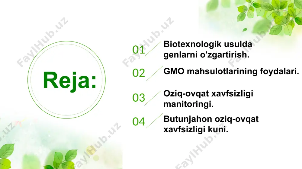 aqlash muddatiga ega bo'lishi. 6.o'simliklar va hayvonlarning tez o'sishi. 7.oziq-ovqat ko'proq kerakli xususiyatlarga ega bo'ladi, masalan, kartoshka qovurilganda kamroq yog'ni o'zlashtiradi. 8.shifobaxsh oziq-ovqatlardan vaksinalar yoki boshqa dorilar sifatida ishlatilishi mumkin. oziq-ovqat xavfsizligi manitoringi. 03 oziq-ovqat xavfsizligi monitoringi - bu oziq-ovqat xavfsizligi xavfi nazorat ostida ekanligi, protseduralar to'g'ri bajarilganligi va oziq-ovqat xavfsizligiga rioya qilinishini muntazam tekshirib turadigan mexanizm. oziq-ovqat mahsulotlari oqibatida kasallik yoki ifloslanish bo'lsa, mahsulotni samarali monitoring qilish oziq-ovqat zanjiri bo'ylab joylashgan davlat idoralari va korxonalariga mahsulotning manbasini va ifloslanish sodir bo'lgan joyni tezda topishga imkon beradi. shu tarzda, ta'sirlangan mahsulot bozordan tezroq olib tashlanadi va oziq-ovqat bilan yuqadigan kasalliklarning oldi olinadi. butunjahon oziq-ovqat xavfsizligi kuni. 04 jahon oziq -ovqat xavfsizligi kuni har yili 7 -iyun kuni nishonlanadi. butunjahon oziq-ovqat xavfsizligi kuni oziq-ovqat xavfini oldini olish, aniqlash va boshqarishga, oziq-ovqat xavfsizligi, inson salomatligi, iqtisodiy farovonlik, qishloq xo'jaligi, bozorga chiqish, turizm va barqaror rivojlanishga hissa qo'shishga e'tiborni qaratishga qaratilgan. jahon oziq …