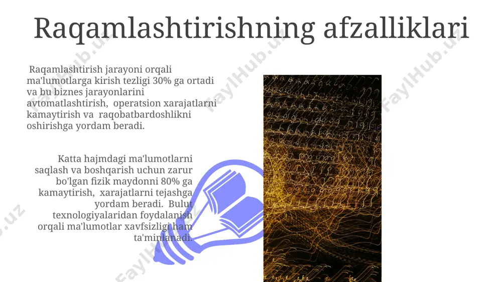 xfiyligi muammolari, ayniqsa, 1tb dan ortiq ma'lumotlarni saqlashda, kiberhujumlar va ma'lumotlar yo'qotilishi xavfini oshiradi. raqamlashtirish jarayoni, o'rtacha 6 oydan 1 yilgacha davom etib, ish samaradorligining vaqtinchalik pasayishiga, shuningdek, xodimlarni qayta tayyorlashga olib kelishi mumkin. raqamli ma'lumotlarning turlari katta hajmdagi ma'lumotlar (big data) 4 ta "v" bilan tavsiflanadi: hajmi (volume - terabaytlar va petabaytlardan iborat), tezligi (velocity - real vaqtda ishlov berish), turli xilligi (variety - strukturaviy va tuzilmasiz ma'lumotlar) va ishonchliligi (veracity - ma'lumotlarning aniqligi). raqamli ma'lumotlar, 0 va 1lardan iborat ikkilik kodlar orqali ifodalanadi va turli xil kodlash usullaridan, masalan, ascii, utf-8 va boshqalar yordamida saqlanadi, bu esa 2 n ta turli belgilarni ifodalash imkonini beradi. biznesda raqamlashtirish 01 02 big data tahlili va bulutli texnologiyalar yordamida biznesda raqamlashtirish ma'lumotlarni qayta ishlash tezligini 5 barobarga oshirib, strategik qarorlar qabul qilishni yaxshilaydi. sales 1st qtr 2nd qtr 100 0 sales 1st qtr 2nd qtr 100 0 katta ma'lumotlar (big data) …