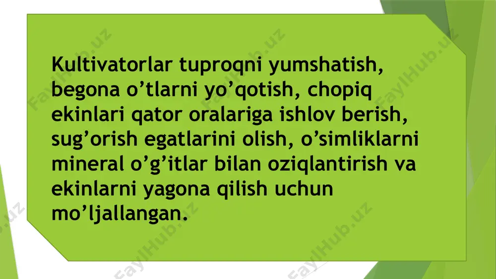omida…………………………………………….5 begona o’tlarni yo’qotish darajasi, % kamida…………………….98 kultivatorlarga qo’yilgan agrotexnik talablar qator orasiga ishlov berishda tuproqni uvalanish sifati: -o’lchami 25 mm dan kichik fraktsiyalar miqdori, % kamida………….55 -o’lchami 50 mm dan katta fraktsiyalar miqdori, % ko’pi bilan………………………………………………..20 o’g’it sepish apparatlarning sepish notekisligi, %, ko’pi bilan… ± 8-10 kultivatorning o’g’it sepish apparatlari superfosfatni gektariga 100-300 g, ammafosni 40-60 kg, ammiak selitrasini 60-200 kg, mochevinani 40-60 kg, ammiak selitrasi va superfosfatning chirigan go’ng bilan qorishmasini 300-600 kg sepishi lozim. o’g’it soshniklari o’g’itlarni g’o’zaning rivojlanishiga qarab 12-14 sm dan 14-16 sm gacha chuqurlikda va g’o’za qatoridan 15-18 sm dan 28-30 sm gacha uzoqlikda tuproqqa ko’mib ketishi lozim. o’simliklarni himoya qilishning o’ziga xos xususiyatlari madaniylashtirilgan o’simliklarning zararkunandalari, kasalliklari va begona o’tlar ekinlarning hosildorligini kamaytirgan holda qishloq xo’jaligiga katta ziyon keltiradi. o’simliklarni himoya qilishda samarador usullarni qo’llash orqali olinadigan mahsulotlar hajmini 10 foizgacha oshirish mumkin. o’simliklarga kimyoviy ishlov berish eng ko’p tarqalgan usullardan biri bo’lib, …