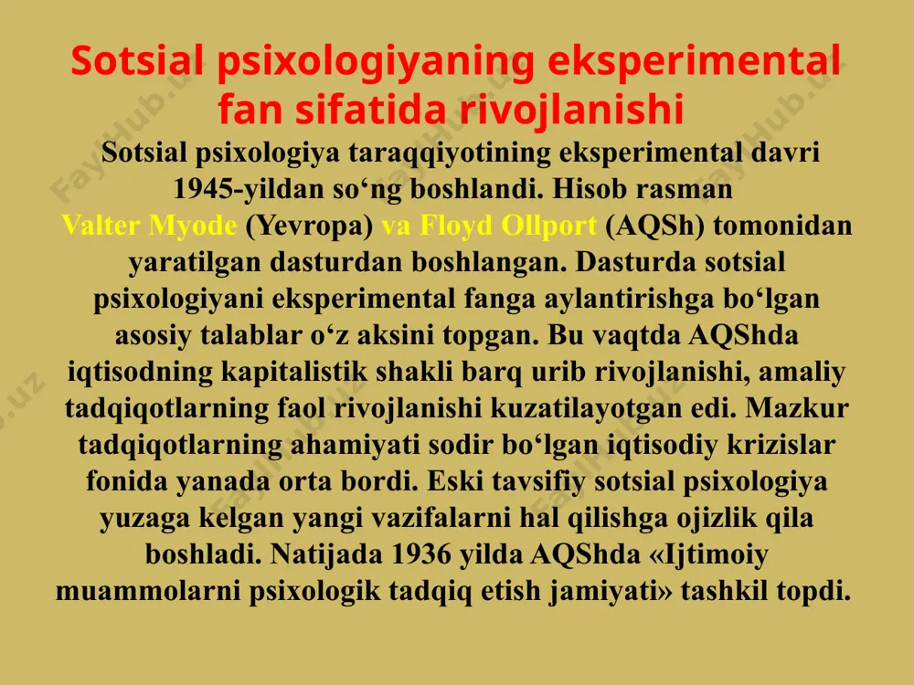 i kiradi. zigmund freyd jinsiy ehtiyojlar va tahdidlilikni, alfred adler – hokimiyatga intilishni, karen xorni – turli-tuman komplekslarni, erik fromm – odamning ozodlikka yoki uni cheklashga intilishini ajratib ko‘rsatadilar. bu – shaxsning o‘zini anglashi, ya’ni ego. superegoga inson qadriyatlari, uning hayotiy maqsadlari, ideallari kiradi. shaxsning bu uch tarkibiy qismlari, odatda, uyg‘unlik holatida bo‘lmaydi, ular o‘rtasida nevrozlarga, inson ruhiyati va xulq-atvoridagi nuqsonlarga sabab bo‘luvchi nizolar yuzaga keladi. ijtimoiy psixologiyada kognitivizm kognitivizm k.levin nazariyasi asosida paydo bo‘lgan psixologik yo‘nalish bo‘lib, undagi o‘rganish ob’yekti munosabatlar tizimidagi kishilar, ularning bilish jarayonlari, ong tizimiga taalluqli bo‘lgan kognitiv holatlar bo‘ldi. kognitiv maktab vakillari (j.piaje, u.nayser, j.bruner, r.atkinson va b.) inson bilimlarining shakllanish usullari; sensor axborotning hosil bo‘lishi, bilish jarayonlari tuzulmaviy bloklarining vujudga kelishi va rivojlanishi, inson bilimi va xulq-atvorining xotirada bilim hosil bo‘lishidagi roli, intellektual funksiyalarning rivojlanishi, verbal va obrazli komponentlarning xotira va fikrlash jarayonlaridagi nisbatini o‘rganishdi. ular inson aksariyat hayotiy vaziyatlarda fikrlash xususiyatlariga asoslangan holda …