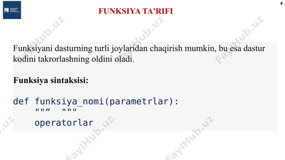 a'rifi ichida e'lon qilinganda, ular funksiyadan tashqaridagi bir xil nomdagi boshqa o'zgaruvchilar bilan hech qanday aloqasi yo'q - ya’ni o'zgaruvchilar nomlari funksiya uchun lokal hisoblanadi. bu o'zgaruvchan amal qilish sohasi deb ataladi. barcha o'zgaruvchilar amal qilish sohasi e'lon qilingan nuqtadan boshlab, ular e'lon qilingan blok bilan cheklangan. lokal o'zgaruvchilar алгоритмы и программирование, язык python, 10 класс  к.ю. поляков, е.а. ерёмин, 2018 http://kpolyakov.spb.ru * lokal o'zgaruvchilar natija алгоритмы и программирование, язык python, 10 класс  к.ю. поляков, е.а. ерёмин, 2018 http://kpolyakov.spb.ru * lokal o'zgaruvchilar natija алгоритмы и программирование, язык python, 10 класс  к.ю. поляков, е.а. ерёмин, 2018 http://kpolyakov.spb.ru * lokal o'zgaruvchilar natija алгоритмы и программирование, язык python, 10 класс  к.ю. поляков, е.а. ерёмин, 2018 http://kpolyakov.spb.ru * lokal o'zgaruvchilar natija алгоритмы и программирование, язык python, 10 класс  к.ю. поляков, е.а. ерёмин, 2018 http://kpolyakov.spb.ru global o’zgaruvchilar * bu erda ismi o’zgaruvchisi global qilib aniqlangan, shuning uchun ushbu o’zgaruvchi ikkita …