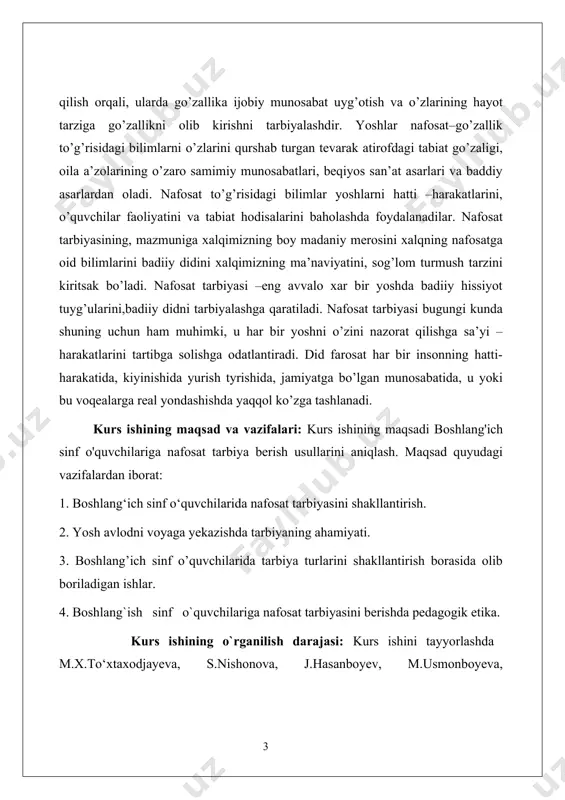 eva, s.nishonova, j.hasanboyev, m.usmonboyeva, s.madiyarova, a.qoldibekova, n.nishonova, n.sayidahmedov. "pedagogika" kitobidan foydalanildi. kurs ishining tuzulishi: boshlang'ich sinf o'quvchilariga nafosat tarbiya berish mavzusida kirish, 2 bob va 4 paragrif, xulosa, foydalanilgan adabiyotlarlardan iborat. i-bob. boshlang`ish sinf o`quvchilariga nafosat tarbiyasini berish 1.1. boshlang`ish sinf o`quvchilariga nafosat tarbiyasini berishda pedagogik etika. bugungi kunda umumiy o’rta ta’lim muassasalarining ta’lim-tarbiya jaroyonida boshlang’ich sinif o’quvchilarida nafosat tarbiyasini shakillantirishga e’tibor qaratilmoqda. boshlang’ich sinf o’quvchilarida nafosat tarbiyasini shakillantirishning pedagogik imkoniyatlarini aniqlash, shu bilan birga diologik yo’nalishdagi o’quv fanlarning xususuyatlarini o’rganish orqali boshlang’ich sinf o’quvchilarida nafosat tarbiyasini shakillantirishning ilmiy nazariy va amaliy asoslarini ishlab chiqishning davr talab qiladi. buni amalga oshirish uchun esa xoxlaysizmi, yo’qmi, oliy ta’limda tahsil olayotgan bo’lajak boshlang’ich sinf o’quvchilari faoliyatiga jiddiy e’tibor berish kerak bo’ladi. negaki, aynan ular ertangi kunda boshlang’ich sinf o’quvchilariga ta’lim-tarbiya beradi. shunin uchun ham biz o’zimizning bitiruv malakaviy ishimizda bu muammoni tadqiq etishni maqsad qilib qo’ydik. talabalarda go’zallik haqidagi mavjud bilimlar hayot …