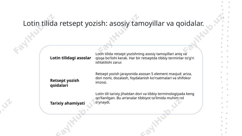 a tibbiyot lotin tili tibbiyotda standart terminologiya sifatida qo'llaniladi, bu esa dori-darmonlarni aniq yozish va tushunishga yordam beradi. 02 ta'lim tizimidagi roli o'zbekistonda tibbiy ta'limda lotin tili o'quv dasturining ajralmas qismi bo'lib, talabalar uchun muhim bilim manbai hisoblanadi. 03 madaniy ahamiyati lotin tilining tibbiyotda qo'llanilishi o'zbekistonning madaniy merosini saqlashga yordam beradi, bu esa tarixiy va ilmiy an'analarni rivojlantiradi. lotin tilida retsept yozish: o'zbekistondagi amaliyot va qoidalar. 1 o'zbekistondagi amaliyot o'zbekistondagi tibbiyot amaliyotida lotin tilidagi retsept yozish an'anaviy tarzda davom etmoqda, bu esa talabalar va shifokorlar uchun zaruriy bilimlarni ta'minlaydi. 2 qoidalar va standartlar retsept yozish jarayonida o'ziga xos qoidalar va standartlar mavjud bo'lib, ular dorilarni aniq va tushunarli tarzda yozishni ta'minlaydi, bu esa bemorlar uchun muhimdir. 3 ta'lim va tayyorgarlik o'zbekistonda tibbiy ta'limda lotin tilida retsept yozish muhim o'rin tutadi, talabalar amaliyotda foydalanish uchun kerakli ko'nikmalarga ega bo'lishadi. tibbiy ta'limda lotin tilining tarixiy o'rni va madaniy ahamiyati. 1 tarixiy ahamiyati …