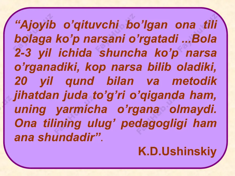 fiy ifodasini ko’rmay eshitish orqali tovushlar majmuasini tasavvur e’tadi, tovushlarni harflar bilan almashlab yozadi. ta’limiy tekshirish lug’at saylanma ko’rsatuv yoddan yozuv ta’kidiy izohli ijodiy erkin diktantlar maqsadiga ko’ra 2 turli bo’ladi. ta’limiy diktant diktantning bu turi o’rgatilgan mavzularni mustahkamlash maqsadida yozuv darsining ma’lum bir qismida mashq sifatida o’tkazilib unga alohida soat ajratilmaydi. tekshirish diktanti diktantning bu turi o’rganilganlarni o’quvchilar qanchalik o’zlashtirganliklarini sinash va teksthirish maqsadida o’tkaziladi. bayon boshlang’ich sinf o’quvchilariga bayon yozdirishdan oldin ishning maqsadi va uyushtirish tartibi belgilab olinadi. shu bilan berga o’quvchilarning bilimi yosh hususiyatlariga moslab tekst tanlanadi. og’zaki bayon singari yozma bayonning ham maqsadi o’quvchilarga puxta ta’lim-tarbiya berishdir, shu bilan birga o’quvchilarning og’zaki va yozma nutqini o’stirish lug’atini boyitishdir. o’quvchilar bayon yozishda o’qilgan tekst mazmunini gapirib berishga tekstdagi asosiy fikrni topa olish, reja tuzish va shu asosida o’z fikrlarini yozma ifodalashga o’rganadilar. ta’limiy harakterdagi bayonni 1 sinfdan boshlash mumkin 1 sinf o’quvchilar 2 yarim yildan 30-40 so’zli …