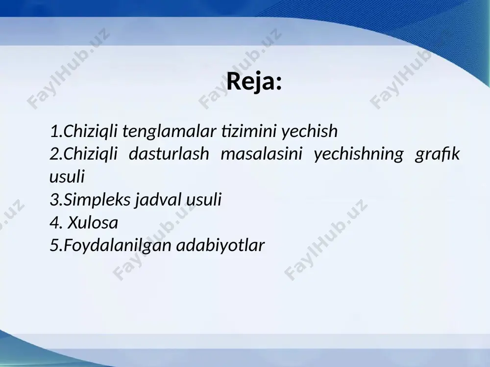 jmi a1 a2 a3 a4 с1 2 2 4 1 2250 с2 2 1 1 2 1550 с3 3 1 2 1 1850 с4 1 2 1 3 1700 masalaning matematik modelini yozing va uni yechib bir kunda ishlab chiqiladigan mahsulotlar hajmini toping. yechish. firma har kuni a1 mahsulotdan х1, a2 mahsulotdan х2, a3 mahsulotdan х3 va a4 mahsulotdan х4 hajmda ishlab chiqaradi. u holda masala quyidagi tenglamalar tizimiga keladi. bu tenglamalar tizimini vektor formada yozamiz ах=b. bu yerda bu masalani excel elektron jadval protsessorida yechish ketma-ketligi quyidagicha: 1.a matritsa elementlari elektron jadvalga kiritiladi; 2.b vektor elementlari elektron jadvalga kiritiladi; 3. a-1 teskari matritsa topiladi: 3.1.a matritsa elementlari ajratiladi; 3.2.ctrl tugmasini bosgan holda elektron jadvaldan a-1 teskari matritsa elementlari chiqishi kerak bo‘lgan joylar ham ajratiladi; 3.3."вставка функции” (fx) piktogrammasi bosiladi; 3.4.muloqot oynasining kategoriyalar bo‘limidan matematika, keyingi darchadan мобр funksiyasi tanlanib ok tugmasi bosiladi; 3.5.yana a matritsa elementlari ajratilib massiv adresi …