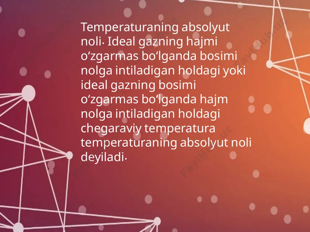yaʼni nol kelvin yoki -273,15 °c, termodinamik harorat shkalasidagi eng past nuqta hisoblanadi. eksperimental ravishda, termodinamikaning uchinchi qonunida taʼkidlanganidek, unga juda yaqin yondashish mumkin, lekin aslida erishilmaydi. bunday haroratda tanadan issiqlik sifatida energiya olish mumkin emas harorat tabiiy fanlarning barcha sohalarida, jumladan fizika, kimyo, astronomiya, tibbiyot, biologiya, ekologiya, materialshunoslik, metallurgiya, mashinasozlik va geografiya, shuningdek, kundalik hayotning koʻpgina jabhalarida muhim ahamiyatga ega koʻpgina fizik jarayonlar harorat bilan bogʻliq boʻladi; ulardan baʼzilari quyida keltirilgan: faza ( qattiq, suyuq, gazsimon yoki plazma ), zichlik, eruvchanlik, bug 'bosimi, elektr o'tkazuvchanligi, qattiqlik, aşınma qarshilik, issiqlik o'tkazuvchanligi, korroziyaga chidamlilik, kuch, jumladan, materiallarning fizik xususiyatlari; kimyoviy reaksiyalarning tezligi va darajasi [1] jism yuzasidan chiqadigan termal nurlanish miqdori va xossalari havo harorati barcha tirik organizmlarga ta'sir qiladi gazdagi mutlaq haroratning kvadrat ildiziga mutanosib bo'lgan tovush tezligi e'tiboringiz uchun raxmat!!! image1.jpeg image2.jpeg image3.jpeg image4.jpeg image5.jpeg image6.jpeg image7.jpeg image8.jpeg image9.jpeg image10.jpeg image11.png image12.jpeg image13.jpeg image14.jpeg image15.jpeg image16.jpeg