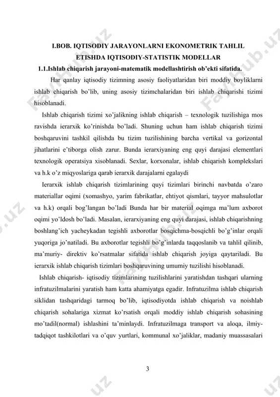am katta ahamiyatga egadir. infratuzilma ishlab chiqarish siklidan tashqaridagi tarmoq bo’lib, iqtisodiyotda ishlab chiqarish va noishlab chiqarish sohalariga xizmat ko’rsatish orqali moddiy ishlab chiqarish sohasining mo’tadil(normal) ishlashini ta’minlaydi. infratuzilmaga transport va aloqa, ilmiy-tadqiqot tashkilotlari va o’quv yurtlari, kommunal xo’jaliklar, madaniy muassasalari va h.k kiradi. iqtisodiy tizimlarni boshqarishga yuqoridagi barcha omillarni hisobga olgan holda kompleks yondashuv zarur. ma’lumki, har qanday iqtisodiy tizimga resurslarni jamiyat iste’mol qiluvchi moddiy ne’matlarga aylantiruvchi sifatida qarash mumkin. bunday jarayon iqtisodiy tizimning ishlab chiqarish –texnik majmuasi (bloki) tomonidan amalga oshiriladi va ishlab chiqarishni belgilaydi. har qanday ishlab chiqarish jarayoni o’z asosida insonlarning maqsadga yo’naltirilgan faoliyatini tasvirlab, unda mehnat vosita va predmetlari yordamida qator usul va uslublardan foydalangan holda birlamchi resurslarni iste’molga tayyor mahsulotga aylantiradi. jamiyatning o’sib boruvchi va rivojlanayotgan ehtiyoji turli texnologiyalar va ishlab chiqarish jarayonlari yordamida ta’minlanuvchi tovar va xizmatlarning keng miqyosdagi nomenklaturalarini ishlab chiqarish zaruriyatiga olib keladi. shu bilan birga ishlab chiqarilayotgan mahsulotlar rang-barangligi mos …