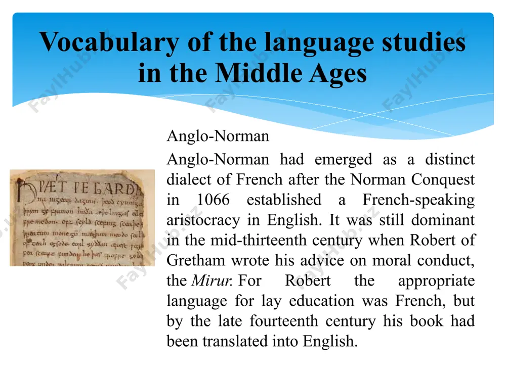 headings. vocabulary of the language studies in the middle ages although french remained familiar to gower’s contemporaries at court and in educated or wealthy circles, the great days of anglo-norman as a literary medium were over. a form of french, known as 'law french', continued to be used by english lawyers in written form until the seventeenth century. it became fossilized and degraded, because after the fourteenth century, most of those using the language did not fully understand it. many legal terms still in existence today derive from french, such as 'attorney', 'bailiff' and 'defendant'. title deeds in french are rare after the early fifteenth century. this agreement relating to dower, made in 1417 (ne d 742), is in fact the very last french deed known to exist in the university of nottingham’s collection. vocabulary of the language studies in the middle ages image2.jpeg image3.jpeg image4.jpeg image5.jpeg