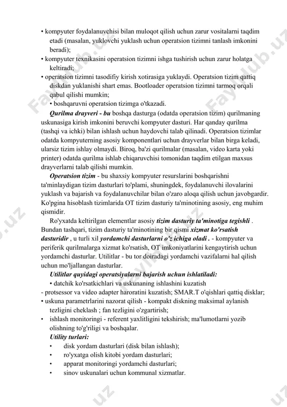 erfeys. eng so'nggi versiya uefi (unified extensible firmware interface) deb ataladi. ushbu interfeysning vazifasi tizim yoqilganda apparatni ishga tushirish va boshqaruvni operatsion tizim yuklagichiga o'tkazishdir. uefi an'anaviy ravishda barcha ibm pc- mos keluvchi shaxsiy kompyuterlar tomonidan qo'llaniladigan bios interfeysini almashtirish uchun mo'ljallangan . ibm pc kompyuterlarida bootloader bios dasturi tomonidan ishga tushiriladi . operatsion tizim yuklovchisi tizim dasturiy ta'minotining bir qismidir. operatsion tizim kompyuter yoqilgandan so'ng darhol ishga tushishini ta'minlaydi. operatsion tizim yuklagichi: • kompyuter foydalanuvchisi bilan muloqot qilish uchun zarur vositalarni taqdim etadi (masalan, yuklovchi yuklash uchun operatsion tizimni tanlash imkonini beradi); • kompyuter texnikasini operatsion tizimni ishga tushirish uchun zarur holatga keltiradi; • operatsion tizimni tasodifiy kirish xotirasiga yuklaydi. operatsion tizim qattiq diskdan yuklanishi shart emas. bootloader operatsion tizimni tarmoq orqali qabul qilishi mumkin; • boshqaruvni operatsion tizimga o'tkazadi. qurilma drayveri - bu boshqa dasturga (odatda operatsion tizim) qurilmaning uskunasiga kirish imkonini beruvchi kompyuter dasturi. har qanday qurilma …