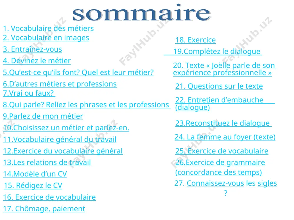 rier, de répondre au téléphone qu’est-ce qu’ils font? quel est leur métier? un sinistre -catastrophe qui cause des pertes considérables un plombier un caméraman un dentiste un électricien un facteur un policier un garagiste une couturière un artiste peintre travaille dans un atelier vrai faux un vendeur travaille dans un bureau vrai faux un garagiste travaille sur un chantier vrai faux un professeur travaille dans une banque vrai faux un serveur travaille dans un restaurant vrai faux un architecte travaille dans un supermarché vrai faux qui parle? reliez les phrases et les professions -et avec ça, vous désirez? - n’oubliez pas vos devoirs pour demain. - et comme dessert, monsieur? - je vous transmets le dossier verdet - vos papiers, s’il vous plaît. le serveur l’agent de police le vendeur le professeur la secrétaire 1. où est-ce que je travaille? 2. en quoi consiste mon travail? 3. quelles qualités exige …