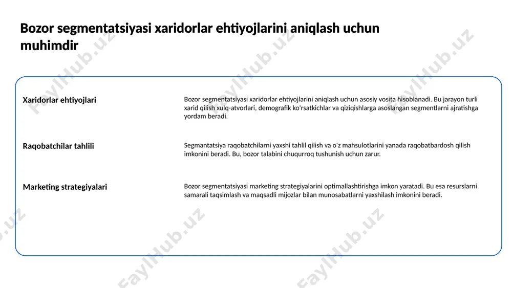 i jins segmentatsiyasi jins segmentatsiyasi erkaklar va ayollar o'rtasida farqlarni ko'rsatadi. bu farqlar mahsulotlar va marketing strategiyalarini ta'sir qiladi. demografik segmentatsiya yosh va jinsga asoslanadi mahsulotlar mosligi demografik segmentatsiya orqali kompaniyalar o'z mahsulotlarini ma'lum guruhlar uchun moslashtirishi mumkin. bu raqobatni oshiradi. demografik segmentatsiya yosh va jinsga asoslanadi 4 geografik segmentatsiya joylashuvga ko'ra bo'linadi joylashuvning ahamiyati geografik segmentatsiya mahsulotni yoki xizmatni joylashtirishda muhim rol o'ynaydi. bu usul iste'molchilarni yashash joylari asosida guruhlashga imkon beradi. geografik segmentatsiya joylashuvga ko'ra bo'linadi o'zbekistondagi misollar o'zbekistonda joylashuvga qarab xizmatlar taqdimoti farqlanadi. masalan, urbanizatsiya darajasi yuqori bo'lgan hududlarda mahsulotlar boshqacha bo'ladi. geografik segmentatsiya joylashuvga ko'ra bo'linadi segmentatsiya turlari geografik segmentatsiya kontinental, mamlakat va mahalliy darajalarda amalga oshiriladi. har bir daraja o'ziga xos ehtiyojlarga moslashadi. geografik segmentatsiya joylashuvga ko'ra bo'linadi strategik ahamiyat geografik segmentatsiya bozorni chuqur tahlil qilishga yordam beradi. bu iste'molchilar ehtiyojlarini aniqroq tushunish imkonini beradi. 5 xarid qilish odatlari segmentatsiyasi xaridorlarning xarid qilish usullarini tahlil …