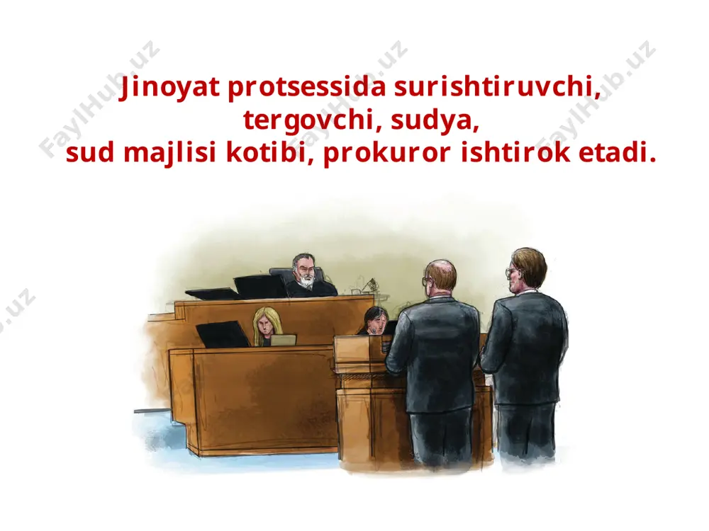 k etgan sudya shu jinoyat ishini birinchi instansiya yoki apellatsiya instansiyasi sudida yoxud nazorat tartibida ko‘rishda ishtirok eta olmaydi. jinoyat ishini nazorat tartibida ko‘rishda ishtirok etgan sudya shu jinoyat ishini birinchi instansiya, apellatsiya yoki kassatsiya instansiyasi sudida ko‘rishda ishtirok eta olmaydi. surishtiruvchining, tergovchining, shuningdek sud majlisi kotibining o‘z protsessual majburiyatini bajarishi, basharti, ushbu ish qo‘shimcha tergov yuritish yoki sudda yangidan ko‘rish uchun yuborilgan bo‘lsa, ular tomonidan tegishlicha surishtiruv, dastlabki tergov yuritishga, shuningdek sud majlisi bayonnomasini tuzishga monelik qilmaydi. savol va topshiriqlar 1. mazkur jinoyatlar jinoyat protsessining qaysi bosqichida hisoblanadi? 2. ular qaysi bosqichlardan o‘tib bo‘lgan? 3. jinoyat protsessida qaysi shaxslar ishtirok etgan deb o‘ylaysiz? fikringizni o‘zbekiston respublikasi jinoyat protsessual kodeksining moddalari asosida asoslang. 4. ushbu jinoyat protsessida o‘z manfaatlarini himoya qiladigan shaxslarni ajratib ko‘rsating. 5. qanday hollarda sudya, shuningdek, xalq maslahatchisi, prokuror, tergovchi, surishtiruvchi, tergovga qadar tekshiruvni amalga oshiruvchi organning mansabdor shaxsi, sud majlisining kotibi jinoyat ishini yuritishda ishtirok etishga …