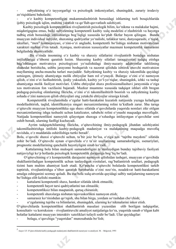 sh lozim. pedagogik amaliyot tahlili o‘qituvchilar faoliyati davomida duch kelayotgan quyidagi xarakterdagi kommunikativ muammolar mavjudligini ko‘rsatdi: - ma’naviy-ma’rifiy, tarbiyaviy yo‘nalishdagi tadbirlarni tashkil etishda o‘quvchilarda o‘zaro hamkorlikda ishlash maqsadini, yo‘l-yo‘riqlarni shakllantirishning qiyinligi; - ijtimoiy-perseptiv malaka va ko‘nikmalarning yetarli darajada tarkib topmaganligi; - pedagogik muloqot jarayonida yuzaga keladigan turli vaziyatlarga zudlik bilan moslasha olish qobiliyatining rivojlanmaganligi; - shaxsda o‘z kommunikativ xulq-atvorini nazorat qilishi bilan bog’liq muammolarning mavjudligi; - nizoli vaziyatlarda muammoni to‘g’ri hal qilish kompetentsiyalarining yetishmasligi; - o‘quvchi holatini his qilishda kognitiv malakalarning yetishmaslig. pedagogik faoliyatda kasbiy psixologik kompetentlik umumiy tuzilmasining muhim tarkibiy qismlaridan yana biri – bu, ijtimoiy kompetentlikdir, zero zamonaviy o‘qituvchi nafaqat o‘quvchiga bilim beradi, ma’lumot, axborot yetkazadi, balki rivojlanayotgan shaxs va jamiyat o‘rtasida vositachi rolini ham bajaradi. "bola-jamiyat" munosabatlari o‘zaro aloqasining maqsadga muvofiq bo‘lishi o‘qituvchining qanchalik ijtimoiy hayotda kompetentli, omilkor ekangigiga ham bog’liqdir. ijtimoiy kompetentlikning asosiy vazifalari sirasiga moslashish, jtimoiy yo‘nalganlik, shaxsiy va umumijtimoiy tajribalarning uyg’unlashuvi kabi tushunchalarni kiritish …