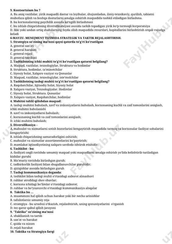 ning kamchiliklari? a. kam kapital talab atishi va foydaga butunlay egalik b. tashkil etishning osonligi va boshqarishning qulayligi c. soliqlardagi afzallik va qaror qabul qilishdagi erkinlik d. cheklanmagan ma’suliyat va moliyaviy kapitalni o’stirishdagi qiyinchiliklar 4. korporatsiya bu ? a. bu rivоjlangan yirik aksiоnеrlar jamiyatlari va trеstlar birlashmasi b. ikki yoki undan ortiq shahslarning foyda olish maqsadida resurslari, kapitallarini birlashtirish orqali vujudga keladi c. asosiy maqsadi foyda olmaslik va u foydani ishtirokchilar oʻrtasida taqsimlamaslik boʻlgan tashkilot. d. bu ishlab chiqarishning divеrsifikatsiyasi asоsida tarkib tоpadigan yirik ko‘p tarmоqli kоrpоratsiya 5. sherikchilik tashkilotlari bu? a. bu rivоjlangan yirik aksiоnеrlar jamiyatlari va trеstlar birlashmasi b. ikki yoki undan ortiq shahslarning foyda olish maqsadida resurslari, kapitallarini birlashtirish orqali vujudga keladi c. asosiy maqsadi foyda olmaslik va u foydani ishtirokchilar oʻrtasida taqsimlamaslik boʻlgan tashkilot. d. bu ishlab chiqarishning divеrsifikatsiyasi asоsida tarkib tоpadigan yirik ko‘p tarmоqli kоrpоratsiya 6. notijorat tashkiloti bu a. bu rivоjlangan yirik aksiоnеrlar jamiyatlari …