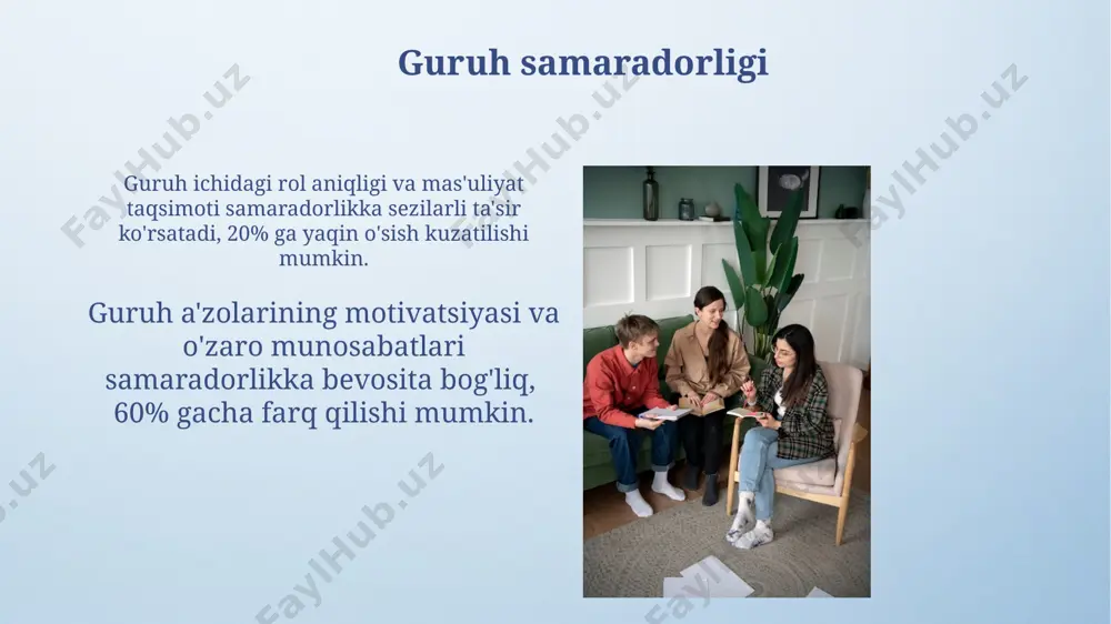 o'rtasida sezilarli farq mavjud. guruhlardagi liderlik ta'sirchan liderlar o'zlarining 70% vaqtdan ko'prog'ini guruh a'zolari bilan muloqotga, 20% ni rejalashtirishga va 10% ni boshqa masalalarga sarflaydilar. guruhning o'lchami (masalan, 5-7 kishi) liderning rolini va uning guruhdagi ta'sirini sezilarli darajada belgilaydi, kichik guruhlarda liderning roli yanada aniqroq bo'ladi. konformizm va bosim milgram tajribasi shuni ko'rsatdiki, vakolatli shaxsning buyrug'i ostida odamlar 65% hollarda boshqalarga zarar yetkazishga tayyor bo'ladilar. guruh bosimi ta'siri ostida 30% dan ortiq ishtirokchilar noto'g'ri javoblarni tan olishganligi asch tajribasida aniqlangan. guruh fikri guruh fikri, odatda 3-7 kishidan iborat kichik guruhlarda kuchliroq namoyon boʻlib, individual fikrlarning toʻliq ifodalanmasligiga va konformizmga olib kelishi mumkin. guruh fikriga moyillik, shaxsiyat xususiyatlari, masalan, past oʻziga ishonch va yuqori konformizm darajasi bilan bogʻliq boʻlib, uning salbiy ta’sirini kamaytirish uchun muammoli vaziyatlarni tahlil qilish usullari oʻrgatilishi kerak. e'tiboringiz uchun rahmat @taqdimot_robot image4.png image5.jpg image6.jpg image7.jpg image8.jpg image9.jpg image10.jpg image11.jpg image12.jpg image13.jpg image14.jpg image15.jpg image16.jpg image17.jpg image18.jpg image19.jpg …