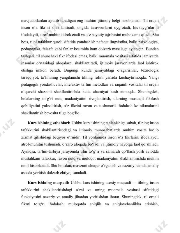 vosita bo‘lib xizmat qilishidagi beqiyos o‘rnidir. til yordamida inson o‘z fikrlarini ifodalaydi, atrof-muhitni tushunadi, o‘zaro aloqada bo‘ladi va ijtimoiy hayotga faol qo‘shiladi. ayniqsa, ta’lim-tarbiya jarayonida tilni to‘g‘ri va samarali qo‘llash yosh avlodda mustahkam tafakkur, ravon nutq va muloqot madaniyatini shakllantirishda muhim omil hisoblanadi. shu boisdan, mavzuni chuqur o‘rganish va nazariy hamda amaliy asosda yoritish dolzarb ehtiyoj sanaladi. kurs ishining maqsadi: ushbu kurs ishining asosiy maqsadi — tilning inson tafakkurini shakllantirishdagi o‘rni va uning muomala vositasi sifatidagi funksiyasini nazariy va amaliy jihatdan yoritishdan iborat. shuningdek, til orqali fikrni to‘g‘ri ifodalash, muloqotda aniqlik va aniqlovchanlikka erishish, o‘quvchilarda nutq madaniyatini rivojlantirish hamda tilni faqat aloqa vositasi emas, balki tafakkurni tarbiyalovchi kuchli vosita sifatida anglash ko‘nikmasini shakllantirish ham ushbu ishning maqsadi sifatida belgilangan. kurs ishida tilning psixologik, ijtimoiy va pedagogik jihatlari ham ko‘rib chiqilib, uning jamiyatdagi, ayniqsa, ta’lim tizimidagi o‘rni asoslab beriladi. kurs ishining vazifalari: 1. tilning tafakkur quroli va muomala vositasi sifatidagi ahamiyatini …