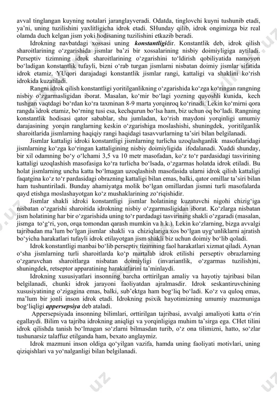 ‘langanligi sababidan yanada murakkablashadi. bundan kelib chiqadiki, his–tuyg‘u organlarida boshlangan tashqi seskantiruvchilar ta’sirida paydo bo‘lgan nerv qo‘zg‘alishlari asab markazlariga o‘tadi, bunda ular po‘stloq sohalarini qamrab oladi, boshqa nerv qo‘zg‘alishlari bilan o‘zaro ta’sirga kirishadi. o‘zaro ta’sirga kirishgan va po‘stloqning turli sohalarini qamrab olgan bunday qo‘zg‘alishlar to‘ri idrokning fiziologik asosini tashkil etadi. idrokning reflektorlik asosini i.p. pavlov ochib berdi. uning ko‘rsatishicha, idrokning assida shartli reflekslar, ya’ni, bosh miya katta yarim sharlari po‘stlog‘ida atrof-olam hodisalari yoki jismlarining retseptorlarga ta’siri natijasida hosil bo‘ladigan vaqtinchalik nerv aloqalari yotadi. bunda nerv aloqalari hosil qilgan qo‘zg‘alishlarni qayta ishlashda analizatorlarning po‘stloq bo‘limlari yadrolarida tahlil qilish va sintezning murakkab jarayonlari sodir bo‘lganligi sababli, nerv aloqalari seskantiruvchilar to‘plami sifatida namoyon bo‘ladi. tahlil qilish va sintez jarayonlari idrok ob’ektining atrof-muhitdan ajratib olinishini ta’minlaydilar, va shu asosda uning barcha xossalari yaxlit obrazga birlashadi. idrok jarayonini ta’minlovchi vaqtinchalik nerv aloqalari ikki xil: bir analizator chegarasida va analizatorlar o‘rtasida hosil bo‘ladigan turlarga ajratilishi mumkin. …