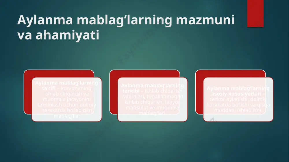 i (akkreditivlar va chek daftarchalari, depozit hisob varaqlari, boshqa to’lov hujjatlari);  qisqa muddatli (bir yildan ortiq bo’lmagan muddatda) moliyaviy qo’yilmalar – boshqa xyuslar qimmatli qog’ozlariga investitsiyalar, davlat va mahalliy zayomlarning foizli obligatsiyalari, boshqa xyuslarga berilgan zayomlar, aktsionerlardan o’z aksiyalarini sotib olish;  debitorlik qarzlarining barcha ko’rinishlari, sotib oluvchilar va buyurtmachilarning qarzlari, olinuvchi veksellar, sho’ba va bo’ysunuvchi jamiyatlarning qarzlari, ustav kapitaliga badallar bo’yicha ta’sischilarning qarzlari, berilgan avanslar, boshqa debitorlarning mablag’lari. 12 aylanma mablag’lar (kapital)ni shakllantirish va moliyalashtirish manbalari quyidagilardan iborat:  o’zlik va ularga tenglashtirilgan mablag’lar;  qarz va jalb qilingan mablag’lar. o’z navbatida, aylanma mablag’larni shakllantirish va moliyalashtirishning o’z manbalari tarkibiga quyidagilar kiradi:  ustav kapitali;  foyda;  emission daromad. emission daromad, ayrim hollarda, ta’sischilik foydasi deb ham yuritiladi. 13 aylanma kapitalni rejalashtirish va undan foydalanishni tashkil qilish uchun unga nisbatan bo’lgan ehtiyojni aniqlash me-todlari va rejalashtirish tizimini ishlab chiqmoq lozim. moddiy resurslar va ular zaxiralarining harakatini boshqarish …