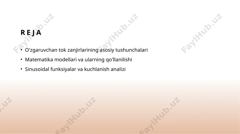 , uning fazoviy va vaqtinchalik xususiyatlarini yaxshiroq tushunish mumkin, bu esa energiya etkazib berish jarayonini optimallashtiradi. 3 sinusoidal tahlil - sinusoidal funksiyalar yordamida kuchlanish va oqimning tahlili, ac zanjirlaridagi to'lqin shakllarini aniqlashda muhim ahamiyatga ega bo'lib, ularning ish samaradorligini oshiradi. sinusoidal funksiyalar: o'zgaruvchan tok zanjirlarida kuchlanish va oqimning baholanishi. 01 sinusoidal funksiyalar sinusoidal funksiyalar, o'zgaruvchan tokning asosiy xususiyatlarini ifodalaydi. ular kuchlanish va oqimning vaqt bo'yicha o'zgarishini aniq ko'rsatadi. 02 kuchlanish baholash ac zanjirlarida kuchlanish sinusoidal funksiya sifatida ifodalanadi. bu, kuchlanishning amplitudasi va chastotasini aniqlashga yordam beradi, tahlilni osonlashtiradi. 03 oqim baholash oqim ham sinusoidal shaklda ko'rsatiladi, bu esa zanjirdagi energiya oqimini tushunish uchun muhimdir. oqim va kuchlanish orasidagi faza farqi ham e'tiborga olinadi. ac zanjirlarida sinusoidal funksiyalarning roli va ularning matematik tahlili. sinusoidal funksiya o'zgaruvchan tok zanjirlarining asosiy komponenti bo'lgan sinusoidal funksiya, kuchlanish va oqimning zamonaviy tahlilida muhim rol o'ynaydi. matematik tahlil sinusoidal funksiyalar matematik tahlil yordamida zanjirlar dinamikasini ta'riflaydi, …