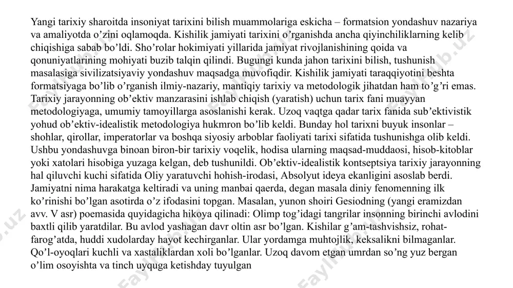 i kuchli va xastaliklardan xoli boʼlganlar. uzoq davom etgan umrdan soʼng yuz bergan oʼlim osoyishta va tinch uyquga ketishday tuyulgan musulmon tarixnavisligida tarix “qurʼon”dan boshlanadi. “аlbatta, osmonlaru yerning mulki ollohnikidir. u oʼzi tiriltiradi, oʼzi oʼldiradi”. (“tavba” surasi, 116-bet). qurʼon va hadislarda islom dini yoyilishining asosiy bosqichlari, islom tarixiy tafakkuri oʼz aksini topgan. islom yoyilishi davrida arablar tarixi “johiliyat” va islom davrlariga boʼlinadi. musulmon tarixchilari, keyinchalik – muhammad s.а.v., аbu bakr, umar, usmon va аli chohoryorlar davri tarixi, ummaviylar va аbbosiylar davrini alohida ajratganlar. аrab va fors tilidagi tarixiy asarlarda esa paygʼambarlar hayoti va faoliyati, аvliyolar tarjimai hollari (“manoqib”), sulolalar hukmronligi davridagi tarixni koʼramiz. tarix sulolaviy usulda davrlashtirilgan. musulmon tarixnavisligi tarixning ikki shaklida –umumjahon tarixi va mahalliy tarixga ajratib yoritilishi bilan farqlanadi. mualliflar oʼz asarlarida tarixni turli usullarda davrlashtirganlar va bu usullar, masalan, “paygʼambarlar, xalifalar va shohlar tarixi”, “аjam shohlarining tarixi”, “tarixi buxoro” kabi nomlanishda va mualliflarning ijodiy talqinlarida oʼz ifodasini …