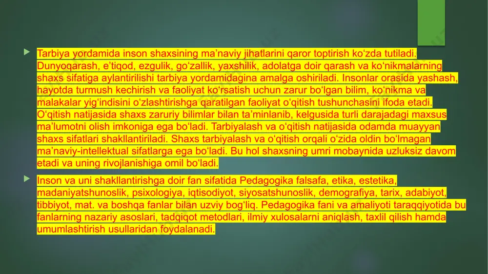 muayyan muddatni taqozo etuvchi, izchillik, uzluksizlik, tizimlilik hamda aniq maqsad kabi xususiyatlarga ega bo‘lgan jarayon. rivojlanish- shaxsning fiziologik va intellektual o‘sishida namoyon bo‘ladigan miqdor va sifat o‘zgarishlar mohiyatini ifoda etuvchi murakkab jarayon. shaxs - psixologik jihatdan taraqqiy etgan, shaxsiy xususiyatlari va xatti-harakatlari bilan boshqalardan ajralib turuvchi, muayyan xulq-atvor va dunyoqarashga ega bo‘lgan jamiyat a’zosi. tarbiya- muayyan, aniq maqsad hamda ijtimoiy-tarixiy tajriba asosida yosh avlodni har tomonlama o‘stirish, uning ongi, xulq-atvori va dunyoqarashini tarkib toptirish jarayoni. ma’lumot- ta’lim-tarbiya natijasida o‘zlashtirilgan va tizimlashtirilgan bilim, hosil qilingan ko‘nikma va malakalar hamda tarkib topgan dunyoqarash majmui. malaka- muayyan harakat yoki faoliyatni bajarishning avtomatlashtirilgan shakli. ko‘nikma- shaxsning muayyan faoliyatni tashkil eta olish qobiliyati. bilim- shaxsning ongida tushunchalar, sxemalar, ma’lum obrazlar ko‘rinishida aks etuvchi borliq haqidagi tizimlashtirilgan ilmiy ma’lumotlar majmui. ta’lim - o‘quvchilarni nazariy bilim, amaliy ko‘nikma va malakalar bilan qurollantirish, ularning bilish qobiliyatlarini o‘stirish va dunyoqarashlarini shakllantirishga yo‘naltirilgan jarayon. image6.jpeg image7.jpeg image2.png image3.png image4.png image5.png …