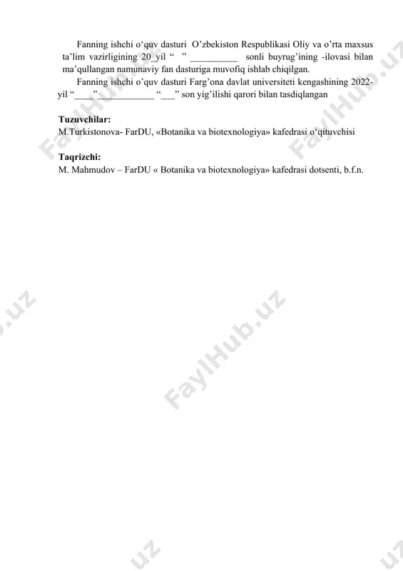 vii. testlar 264 so‘z boshi mazkur o‘quv-uslubiy majmua “immunologiya” fanidan barcha ta’lim yo‘nalishlari uchun mo‘ljallangan bo‘lib, tabiiy fanlar fakultetining “botanika va biotexnologiya” kafedrasi professor-o‘qituvchilari tomonidan ishlab chiqilgan. “immunologiya” fani o‘quv-uslubiy majmuasini yaratishda yetakchi xorijiy otmlari o‘quv dasturlariga asosiy adabiyotlar ro‘yxatiga kiritilgan galaktionov v.g.immunologiya: учеб. пособиею по биол. спетсиалностям academia, (2004). r.m.xaitov, g.a.ignateva, i.g.sidorovich– m.:meditsina, (2000) adabiyotlardan foylalanildi. immunologiya fanini hozirgi vaqtda jadal sur’atlar bilan rivojlanishi bevosita biologiya fanining taraqqiyoti bilan uzviy bog‘liqdir. biotexnologiya fanlar ichida hozirgi kunda yetakchi o‘rinni egallamoqda. sababi biologiyaning molekulyar darajaga ko‘tarilishi, hozirgi kunda bir qator masalalarni biotexnologiya fanisiz echish imkonini bermaydi. shu sababdan ham biotexnologiya turli yo’nalishlari inson hayoti uchun kerakli bo‘lgan oziq-ovqat mahsulotlarini, shuningdek energiya muammosi, turli ekologik muammolarini, biologik faol va dorivor moddalar ishlab chiqarish muammolarini hal qilishi mumkin. immunlogiya fanining predmeti, tarixi, maqsadi va vazifalari; fanning tadqiqot uslublari, asosiy ob’ekti antigen va antitanalar; immunologiyaning biologiya fanlari bilan o‘zaro bog‘liqligi; hozirgi zamon analitik biotexnologiyasining …