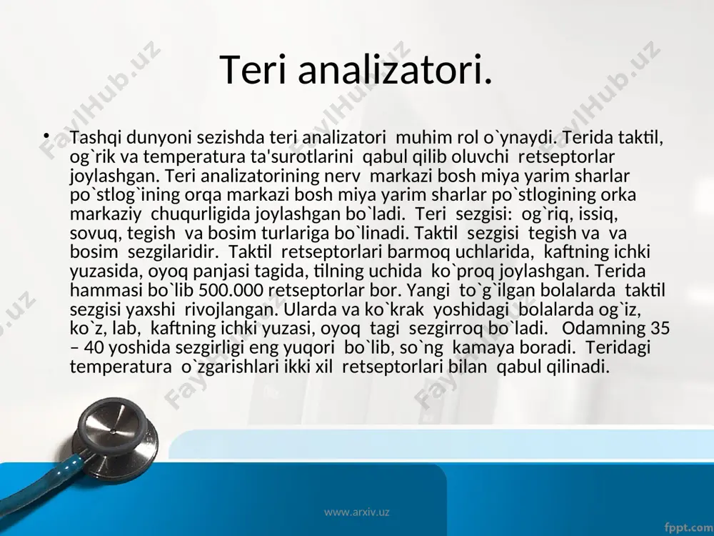 orlaig`i 50 sm. bo`lgan linzaning nur sindirish kuchi 2 dioptriyaga (2d ga) tеng bo`ladi. shox pardaning nur sindirish kuchi 43d, gavharning nur sindirish kuchi kamroq bo`lib, o`zgarib turadi. ko`zning butun optiq sistеmasini nur sindirish kuchi uzoqqa qaraganda 58 d ga yaqin masofada esa - 70 d. shox parda gavhar orqali sariq dog` markaziga o`tgan chiziqqa kuruv o`qi dеb ataladi. narsalarning tasviri tur pardaga kichkina va tеskari bo`lib tushadi. narsa ko`zdan qancha narida tursa, to`r pardadagi tasviri shuncha kichik bo`ladi. va aksincha narsa ko`zga qancha yaqinroq tursa to`r pardadagi tasvir o`shancha katta bo`ladi. narsalarning tabiiy ravishda qurilishi hayot tajribasiga bog`liq. www.arxiv.uz www.arxiv.uz ko`z akkomodatsiyasi. akkomodatsiya (ko`zning moslanishi) bu ko`zni turli o`zoqlikdagi narsalarni aniq ajratish qobiliyatidan iboratdir. ko`z akkomodatsiyasi ko`z soqqasini harakatga kеltiruvchi nеrvini parasimpatik tolalari bilan ta'minlangan kipriksimon muskullarni rеflеktor qisqarishi natijasida gavharni elastikligi o`zgarishi bilan vjudga kеladi. odam yaqindan narsalarga qaraganda gavhar qavariqroq bo`ladi, o`zoqdan narsalarga qaraganda esa yassiroq bo`ladi. …