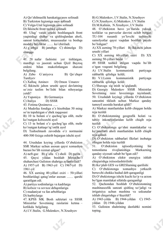 an necha yil o‘tib, kirill alifbosi negiziga qurilgan yozuvga o‘tildi? a) sakkiz yil b) to‘qqiz yil c) o‘n yil d) o‘n bir yil 25. ma’lumki, 1924-yilning oxirgi davrida o’rta osiyo respublikalarida hammasi bo’lib 8 131 062 kishi yashagan edi, ularning qariyb yarmisi qaysi respublikada istiqomat qilishgan? a) o’zbekiston ssr b) qozog’iston ssr c) turkmaniston ssr d) tojikiston ssr 26. o‘zbekiston ssr tashkil etilgan vaqtda uning tarkibiga kiritilgan zarafshon viloyatining hozirgi nomi qaysi qatorda to’g’ri ko’rsatilgan? a) zarafshon b) samarqand c) navoiy d) buxoro 27. ayrim shaxs yoki birlashmalarning xususiy mulki bo’lgan yer, ishlab chiqarish korxonalari, transport va boshqa sohalarni davlat ixtiyoriga olish qaysi atama bilan izohlanadi? a) ekspropriatsiyab) natsionalizatsiya c) ekspansiya d) anneksiya 28. kolxozlar va sovxozlar tuzilganidan so`ng ayollarni qaysi kasbga o`rgatish avj oldi? a) fermerlikb) traktorchilik c) paxtachilik d) o`qituvchilik 29. o`zbeklashtirish markaziy komissiyasining nizomi kuchga kirgan vaqtda sodir bo`lgan voqeani aniqlang. a) ,,davlat apparatini mahalliylashtirish va yerli …