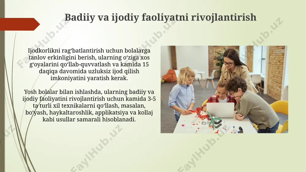 r-toqatli bo'lish va uning ehtiyojlarini aniqlash kerak. empatiya muhim omil. o'yin orqali o'qitish metodlari o'yin orqali o'rgatishda 3-7 yoshli bolalar uchun moslashtirilgan 20-30 daqiqalik o'yinlarni rejalashtirish muhim, chunki ularning diqqat e'tibori cheklangan. ranglar, shakllar, sonlar kabi asosiy tushunchalarni o'rgatishda vizual qo'llanmalar va qo'l mehnati elementlaridan foydalanish, ya'ni 5 ta turli rangdagi bloklar bilan o'ynash orqali muvozanatni o'rgatish samarali. innovatsion pedagogik texnologiyalar bolalarni rivojlantirishning individual yondashuvini ta'minlash uchun kamida 3 ta turli xil o'quv uslublaridan (vizual, audio, kinestetik) foydalanish tavsiya etiladi. innovatsion pedagogik texnologiyalar yordamida 5-7 yoshli bolalarni o'qitishda o'yin texnologiyalari, interfaol doskalar va onlayn resurslardan foydalanish samaradorligini 30% ga oshirish mumkin. amaliy mashg'ulotlarni tashkil etish amaliy mashg'ulotlarni tayyorlashda, bolalar uchun 2-3 ta variantli topshiriqlarni tayyorlash, ularning qiziqishlarini va imkoniyatlarini hisobga olish zarur. har bir amaliy mashg'ulot 15-20 daqiqadan oshmasligi kerak, chunki kichik bolalarning diqqat e'tibori cheklangan va tez charchaydi. o'yin elementlaridan foydalanish muhim. e'tiboringiz uchun rahmat @taqdimot_robot image1.jpg image2.jpg image3.jpg …