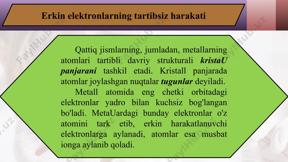 manbaining manfiy qutbidan musbat qutbi tomon harakat qiladi. lekin tok yo'nalishi qabul qilingan davrda fanda elektron haqida hech narsa ma'lum emas edi. shuning uchun elektr zanjirda tokning yo'nalishi sifatida musbat zaryadli zarralarning tartibli harakat yo'nalishi qabul qilingan. metallarda erkin elektronlar qanday paydo bo'ladi? erkin elektron elektr maydonda qanday harakat qiladi? nima sababdan metallardan katta miqdorda tok o'tkazilsa ham ularning massalari o'zgarmaydi? tokning yo'nalishga ega ekanligini qanday bilish mumkin? o'tkazgichlarda elektr tokining yo'nalishi sifatida qanday zarralarning harakat yo'nalishi qabul qilingan?