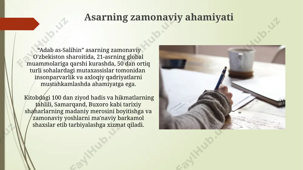 rsonajlarni uchratish mumkin. asarning badiiy jihatlarini tahlil qilishda, 30 dan ortiq hadisning bayoniy uslubi, hikmatli so‘zlar va hikoyalar orqali o‘quvchini o‘ziga jalb qilishini ko‘rish mumkin. asarning tuzilishi va mazmuni “adab as-salihin” 700 dan ortiq hadislarni o‘z ichiga olib, ular samarqand va buxoro kabi shaharlardan to‘plangan bo‘lib, mavzulashtirilgan tarzda tizimli ravishda joylashtirilgan. asar 40 ga yaqin boblardan iborat bo‘lib, har bir bobda ma’lum bir axloqiy-ma’naviy masalalar, masalan, duo va zikrlar, 5ta namozning farzlari va sunnatlari kabi, batafsil bayon etilgan. din va dunyo masalalari "din va dunyo masalalari"da kashg'ariy shaxsiy boylik to'plash, qarz olish va berish, shuningdek, 50 dan ortiq misol keltirib, adolatli savdo qilish kabi amaliy masalalarga alohida e'tibor qaratadi. "din va dunyo masalalari"da qashg'ariy 10 dan ortiq bobni dunyoviy hayotning turli jihatlariga, jumladan, savdo, dehqonchilik va ijtimoiy munosabatlarga bag'ishlagan, bu 11-asr buxorosi jamiyatining murakkabligini aks ettiradi. e'tiboringiz uchun rahmat @taqdimot_robot image1.jpg image2.jpg image3.jpg image4.jpg image5.jpg image6.jpg image7.jpg image8.jpg image9.jpg image10.jpg …