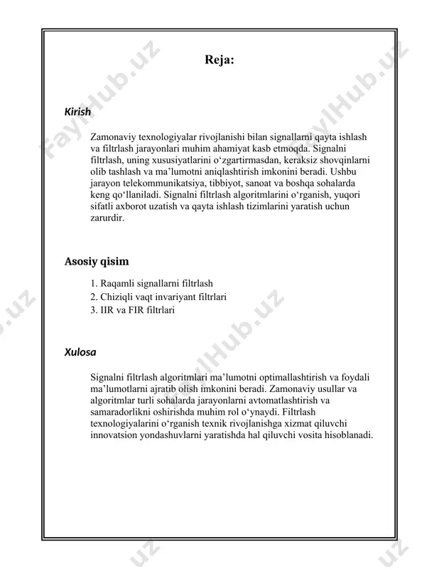 otalarni o‘tkazadi va past chastotali komponentalarni bostiradi. masalan, yuqori chastotali filtrlardan yuqori chastotali signal komponentalarini ajratishda foydalaniladi. 3. **o‘tkazish tasmali filtrlar**: ushbu filtrlar berilgan ikkita kesish chastotalari oralig‘idagi chastotalarni o‘tkazib, qolgan chastotalarni bostiradi. o‘tkazish tasmali filtrlar radio va televideniye sohalarida chastota diapazonini tanlash uchun qo‘llaniladi. 4. **bostirish tasmali filtrlar**: bu filtrlar ma’lum chastota oraliqdagi signal komponentalarini bostirib, qolgan chastotalar o‘zgarishsiz qoladi. ### filtrlar uchrash xoldari raqamli filtrlash ikki asosiy kategoriya, ya'ni iir (infinite impulse response — cheksiz impuls javobli) va fir (finite impulse response — cheklangan impuls javobli) filtrlarga bo'linadi. - **iir filtrlar**: bu filtrlar analog filtrlarga o‘xshab ishlaydi va cheksiz xona tavsiyasiga ega. iir filtrlar hisoblash jarayonlarida qayta bog‘lanishni (feedback) foydalanadi. ularning kamchiligi filtrlar ko‘p hollarda chiziqli bo‘lmagan fazaga ega bo‘lishi mumkin. - **fir filtrlar**: bu turdagi filtrlar chiziqli fazaviy xususiyatlarga ega bo‘lib, ularning chiqish signali vaqtida o‘zgarish kiritish imkoniyatini beradi. fir filtrlar hisoblashda qayta bog‘lanishni ishlatmaydi va ularda …